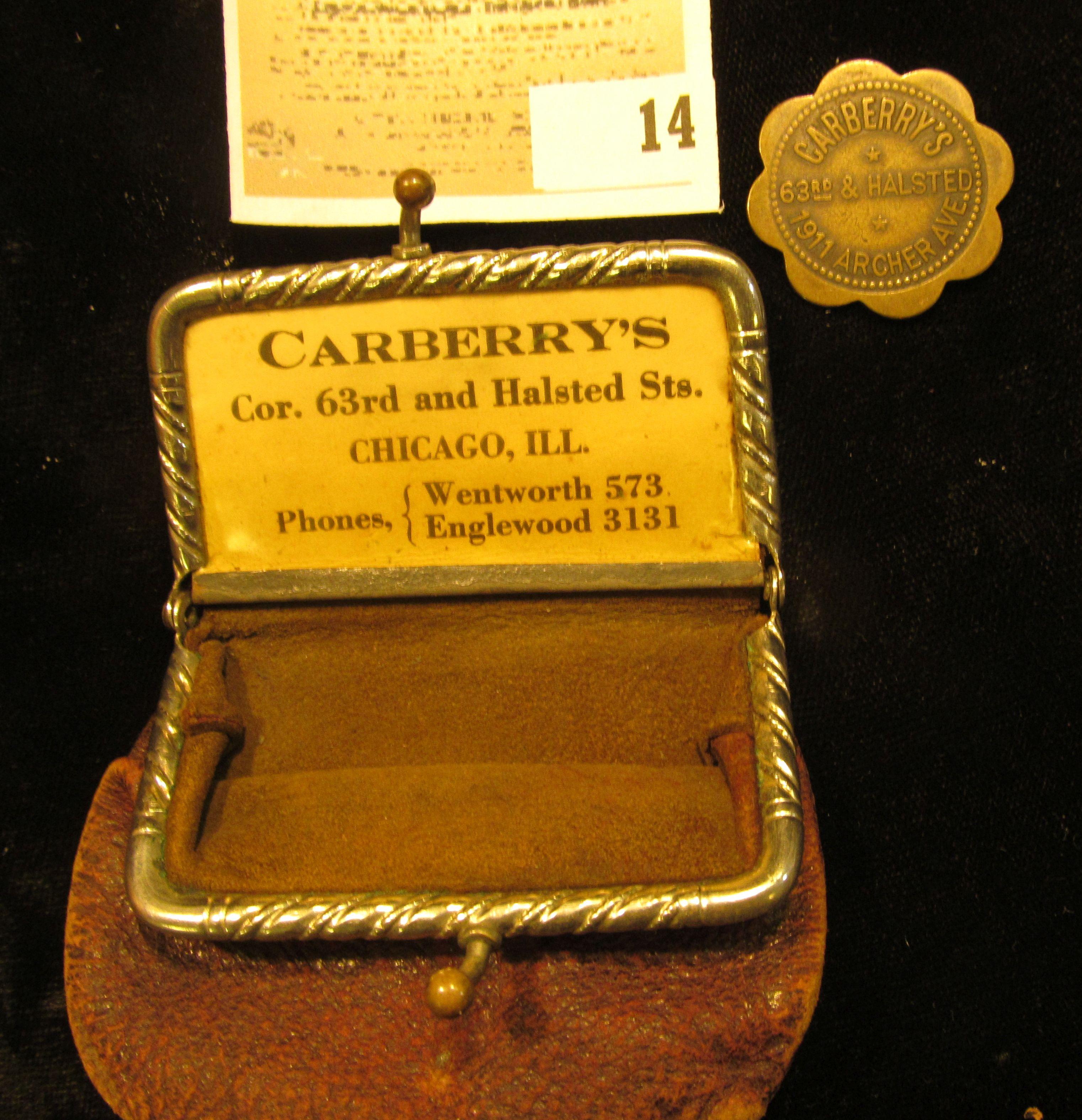 Coin Purse with a metal latch depicting an antique Convertible Car. Labeled inside "Carberry's/Cor.