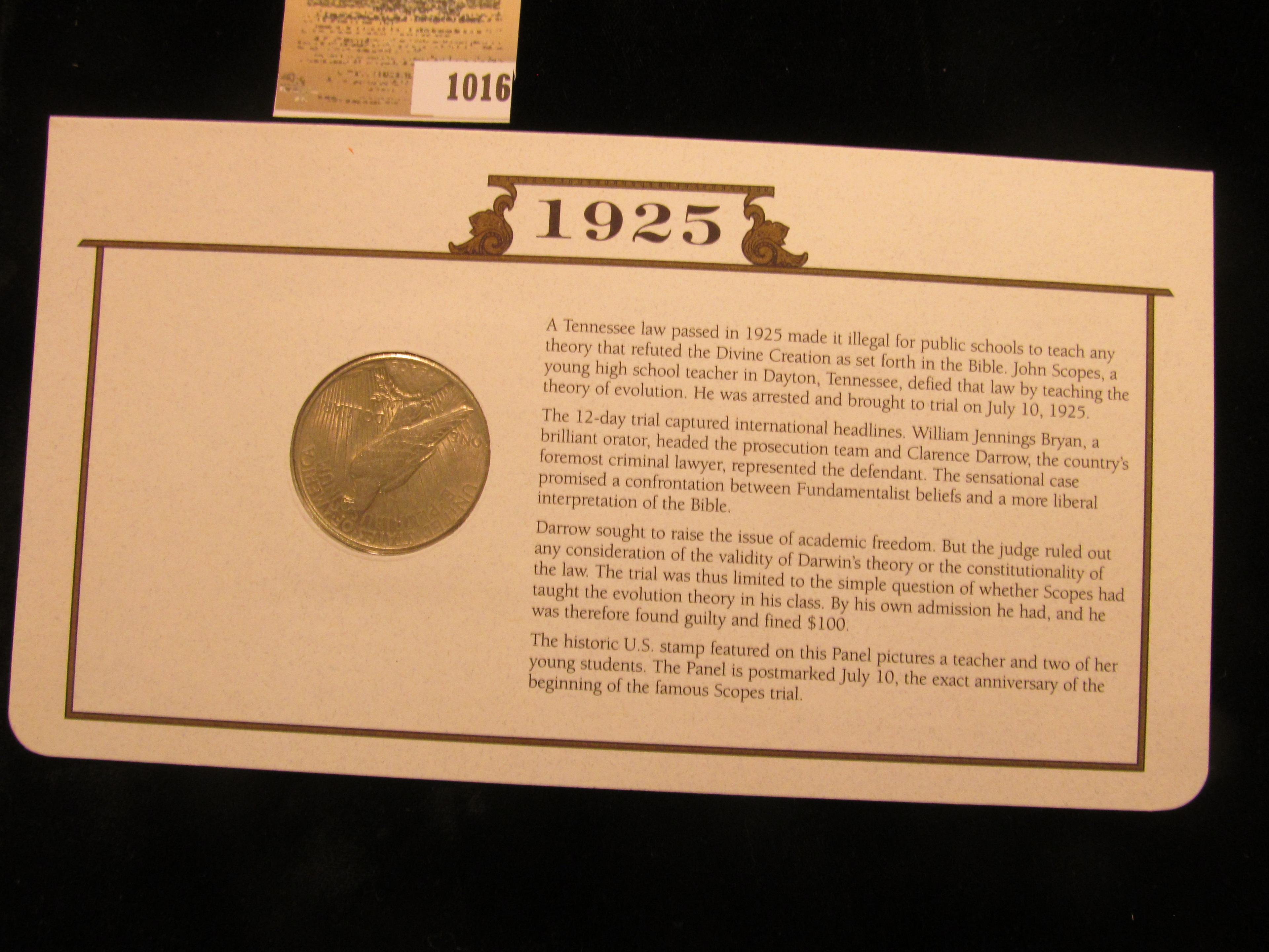 1016 _ 1925 Philadelphia Mint U.S. Peace Silver Dollar in a special protected cover with post marked