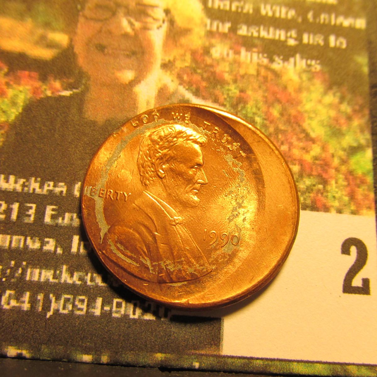 1990 P Lincoln Cent, 25% off-center misstrike towards K10, BU.