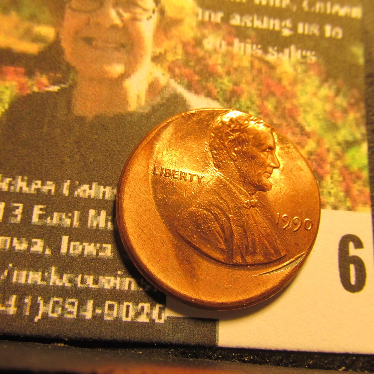 1990 P Lincoln Cent, 30% off-center misstrike towards K1, BU.