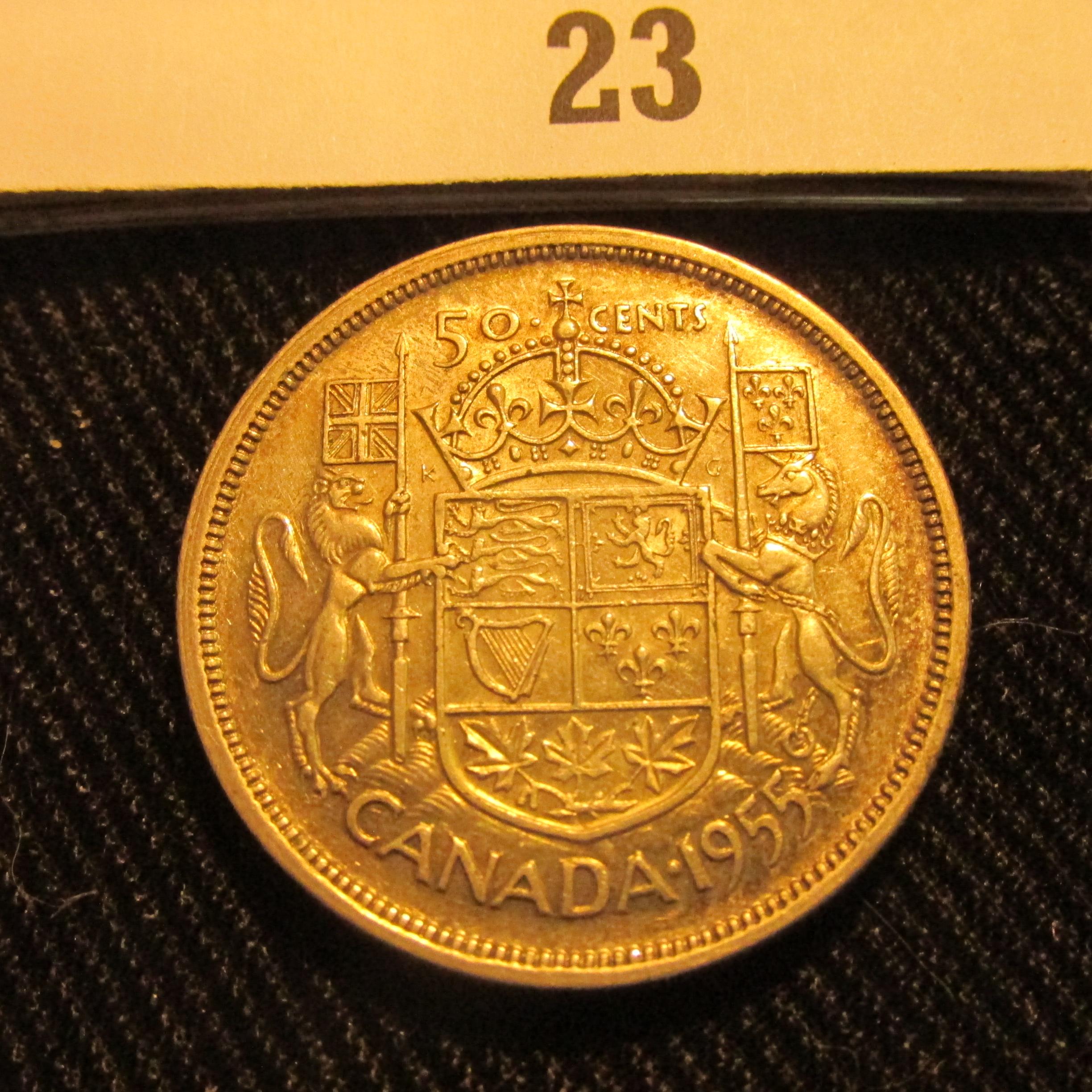 1955 Canada Silver Half Dollar, light toning.