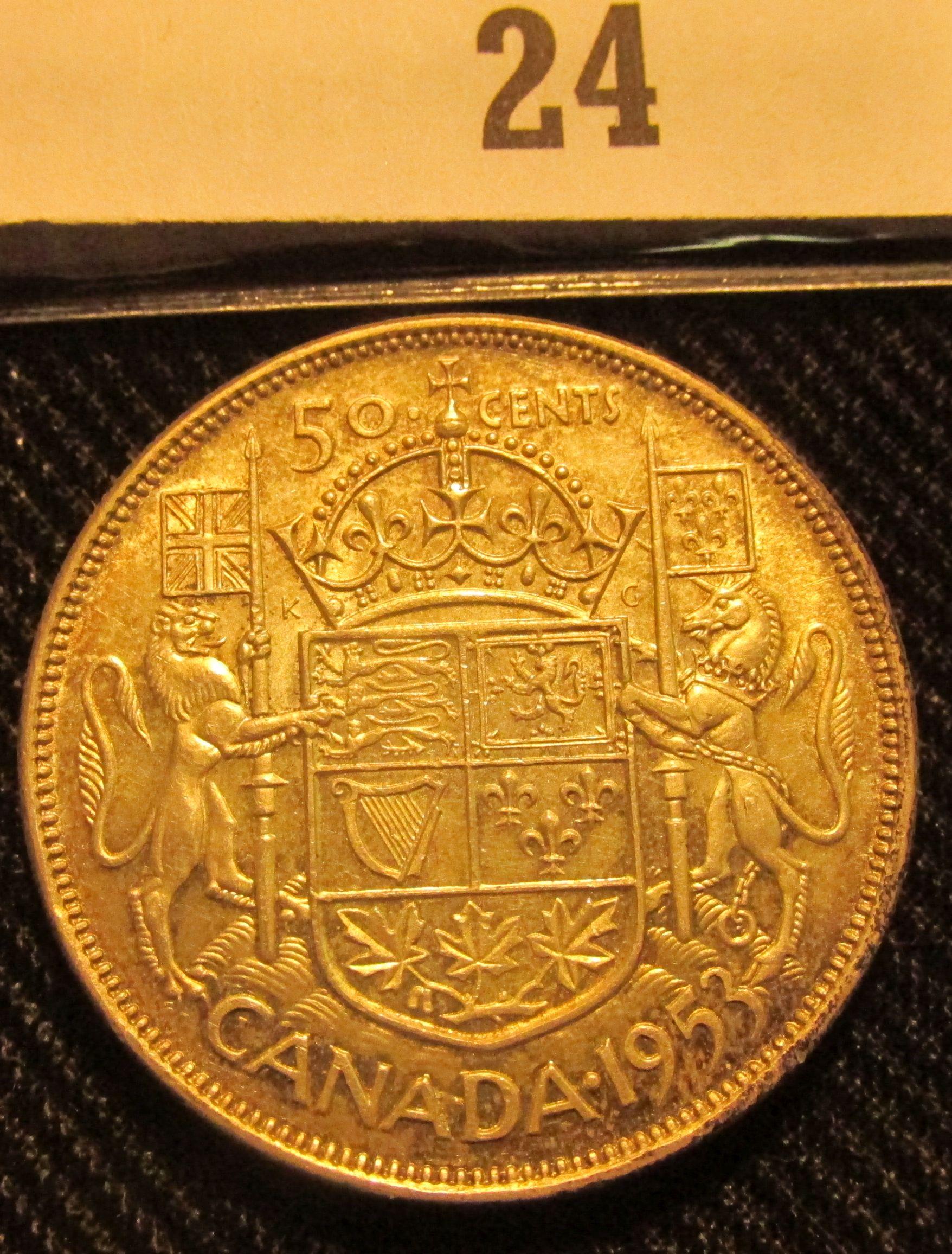 1953 Canada Silver Half Dollar, light toning.