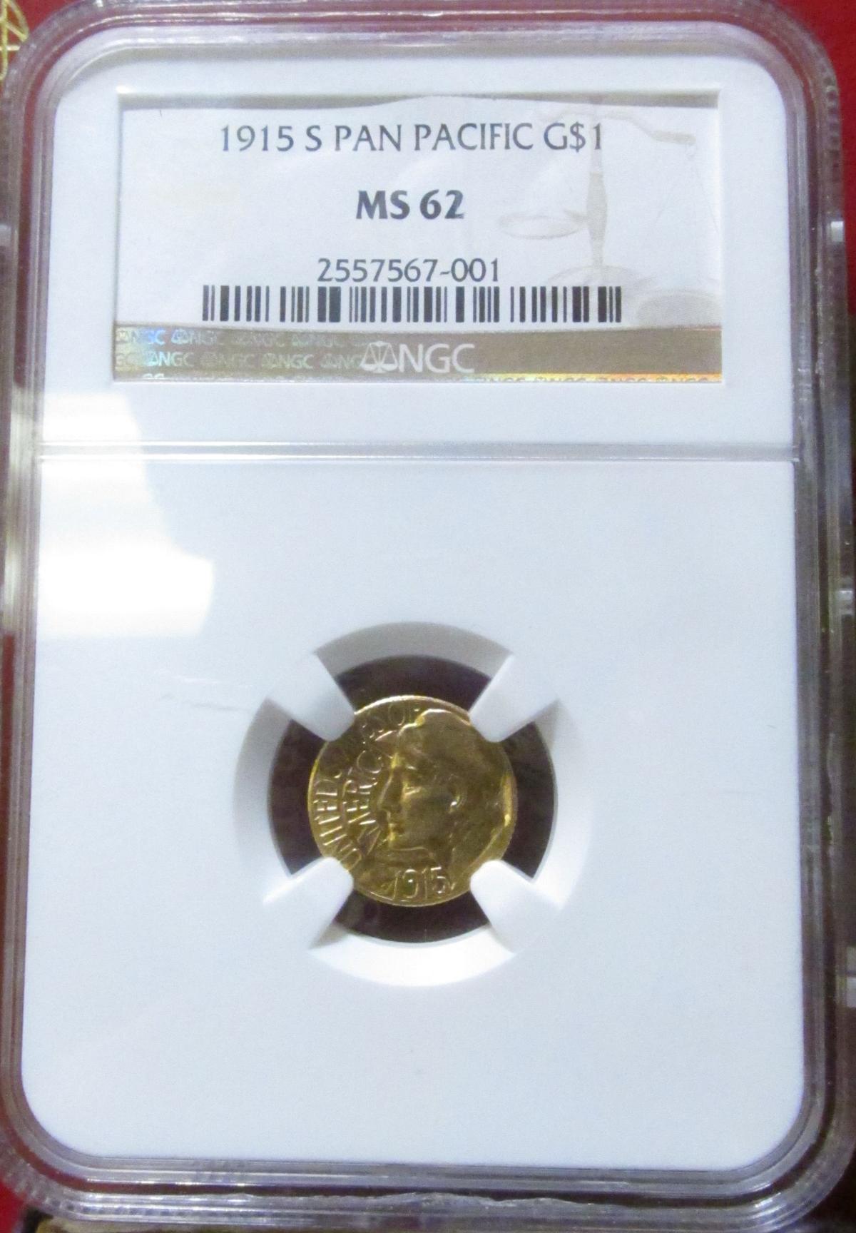 1915 S Pan-Pacific $1 Gold NGC slabbed "1915 S Pan Pacific G$1 MS 62".