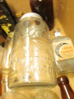 Wide Mouth Gallon Mason Jar and various old Medicine Bottles. Needs to be picked up, no shipping.