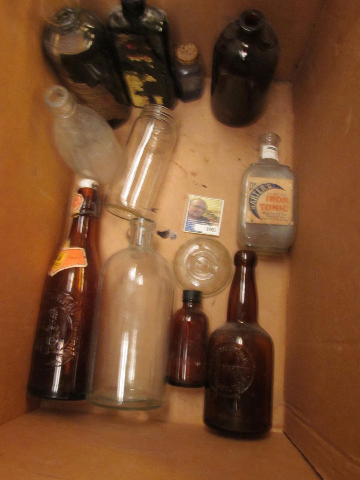 Wide Mouth Gallon Mason Jar and various old Medicine Bottles. Needs to be picked up, no shipping.