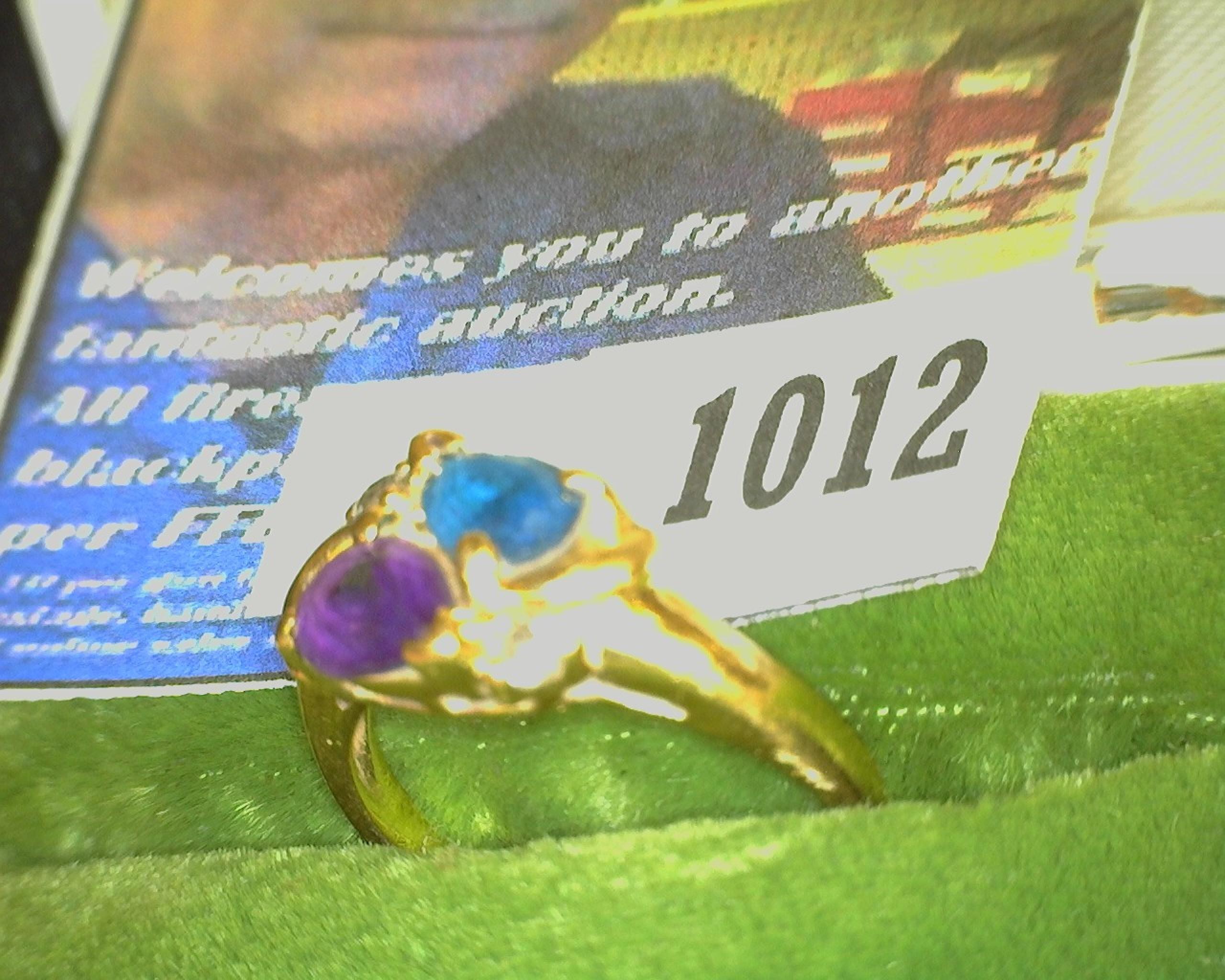 Size 7 Ladies Mother's Rings, Blue Stone, amethyst, & a pair of Diamonds in 10K Yellow Gold. Weighs