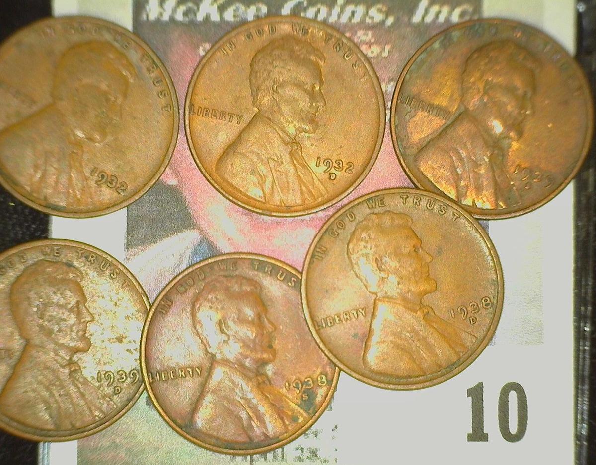 1932P, D, 33P, D, 38D, S, 39D, & S Lincoln Cents.