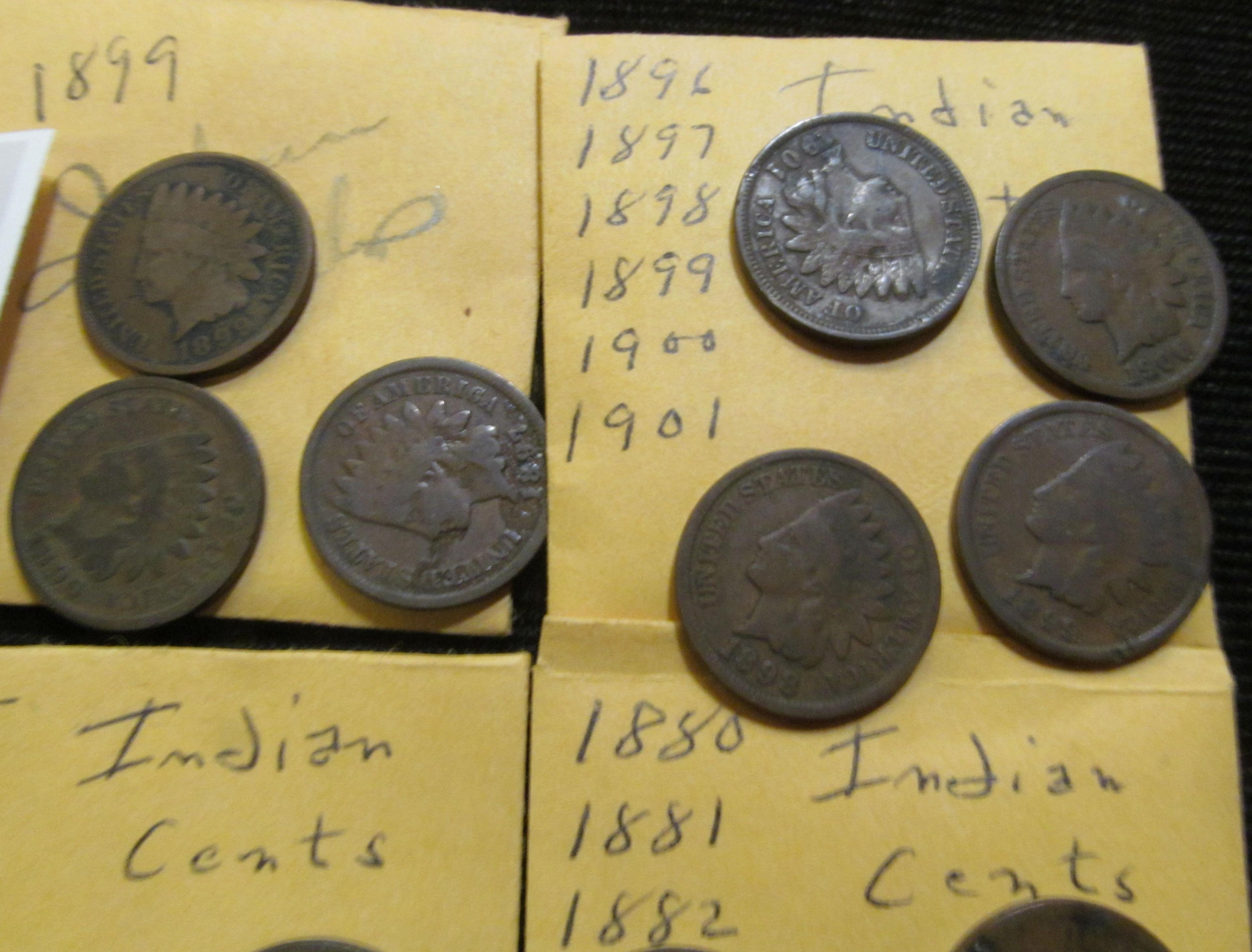 1865, 1866, 1879, 1880, 1881, 1882, 1896, 1897, 1898, 1899, 1900, & 1901 Indian Head Cents.