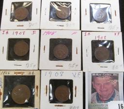 (7) 1908 Indian Head Cents grading F-VF; & 1866 U.S. Two Cent in Good+.