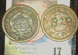 1845 U.S. Large Cent counterstamped "123" & "820"; & 1853? U.S. Large Cent, holed.