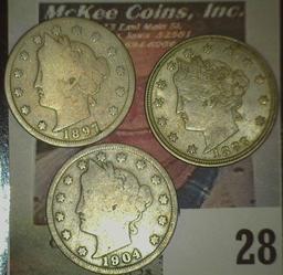 1883 No Cents Liberty Nickel, AU; 1897 Good, & 1904 Good Liberty Nickels.
