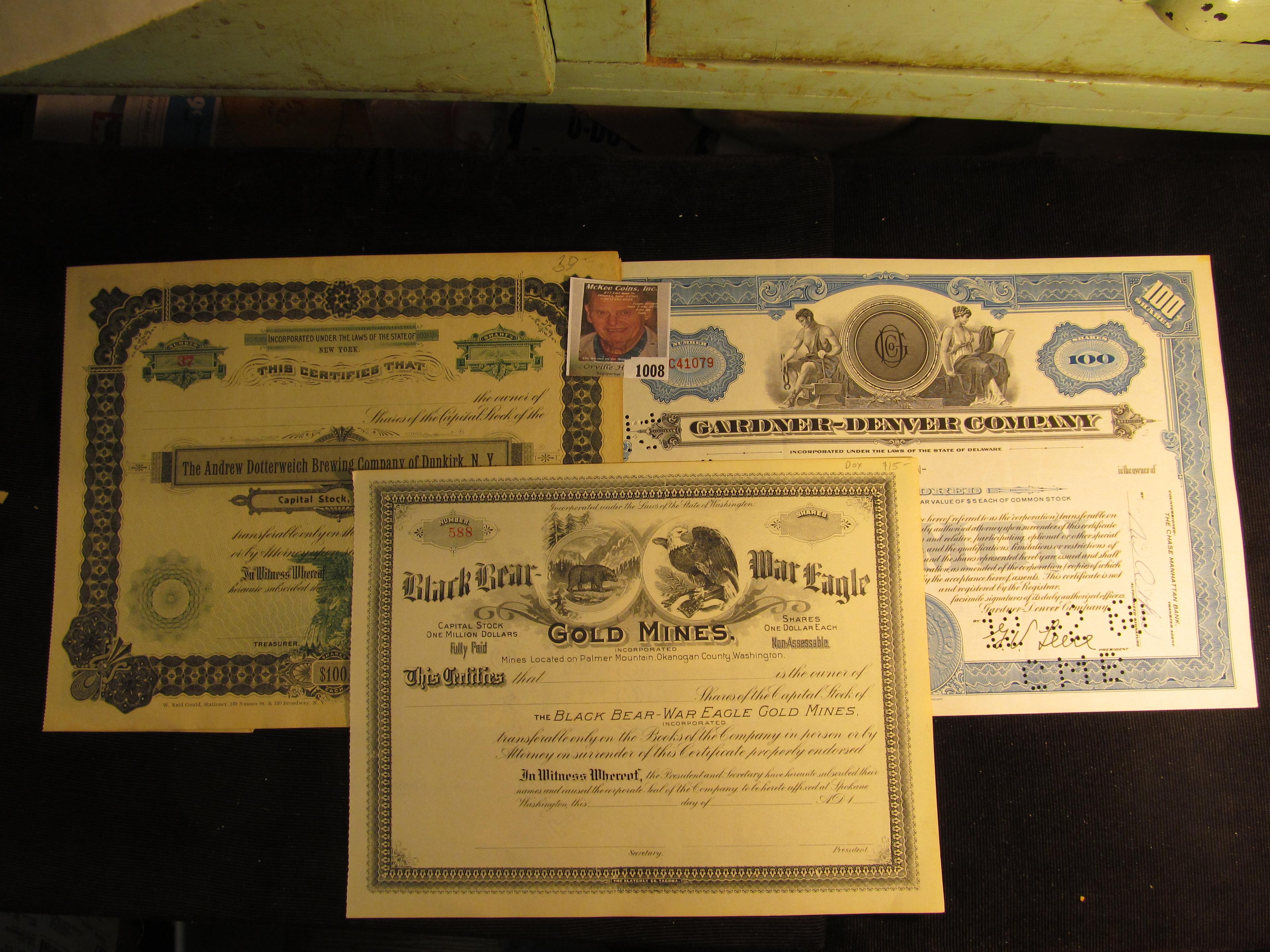 Number 588 Stock Certificate "Black Bear War Eagle Gold Mines, Mines located on Palmer Mountain, Oka