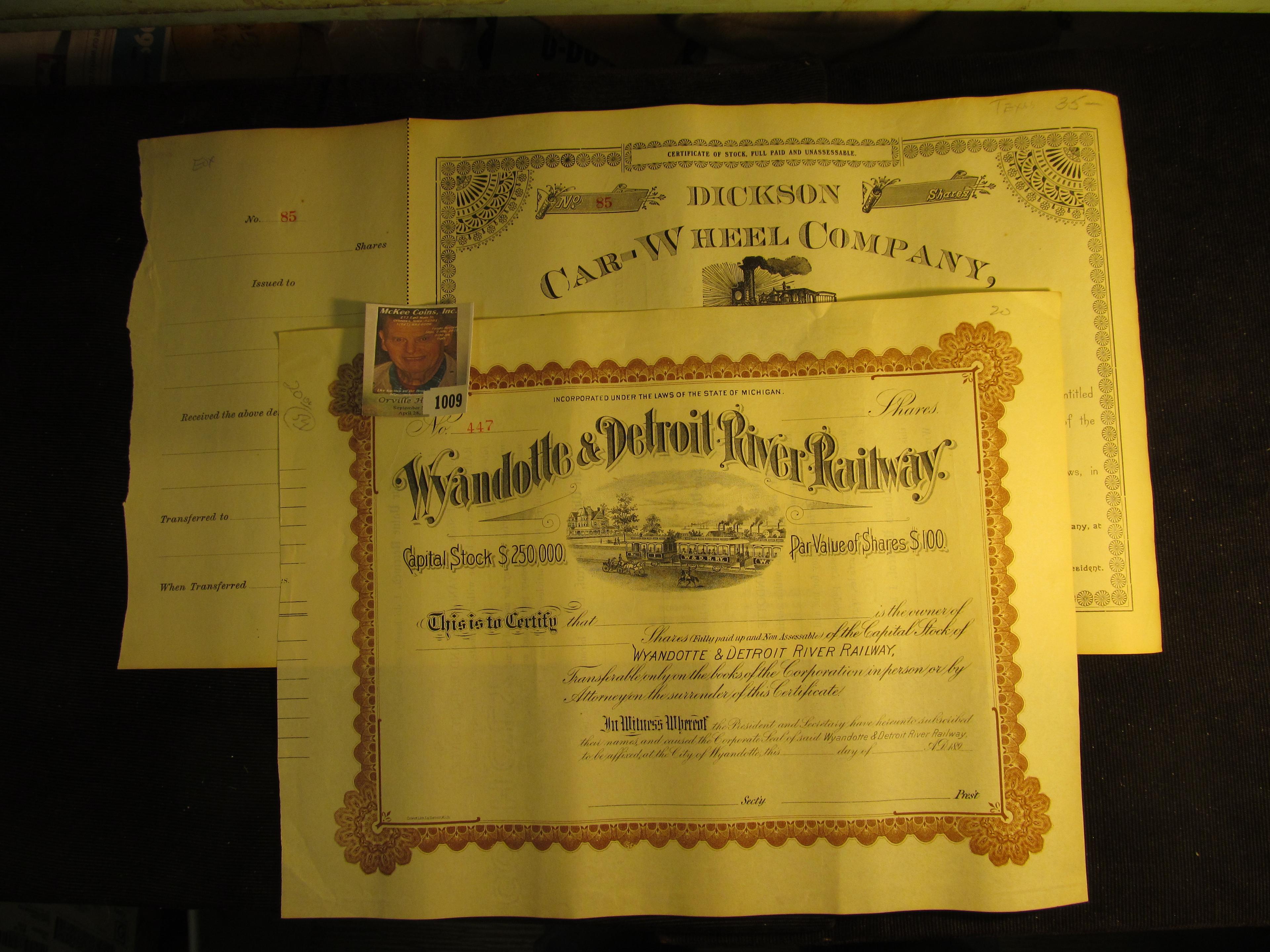 Number 85 Stock Certificate "Dickson Car-Wheel Company…State of Texas" central vignette of a Locomot