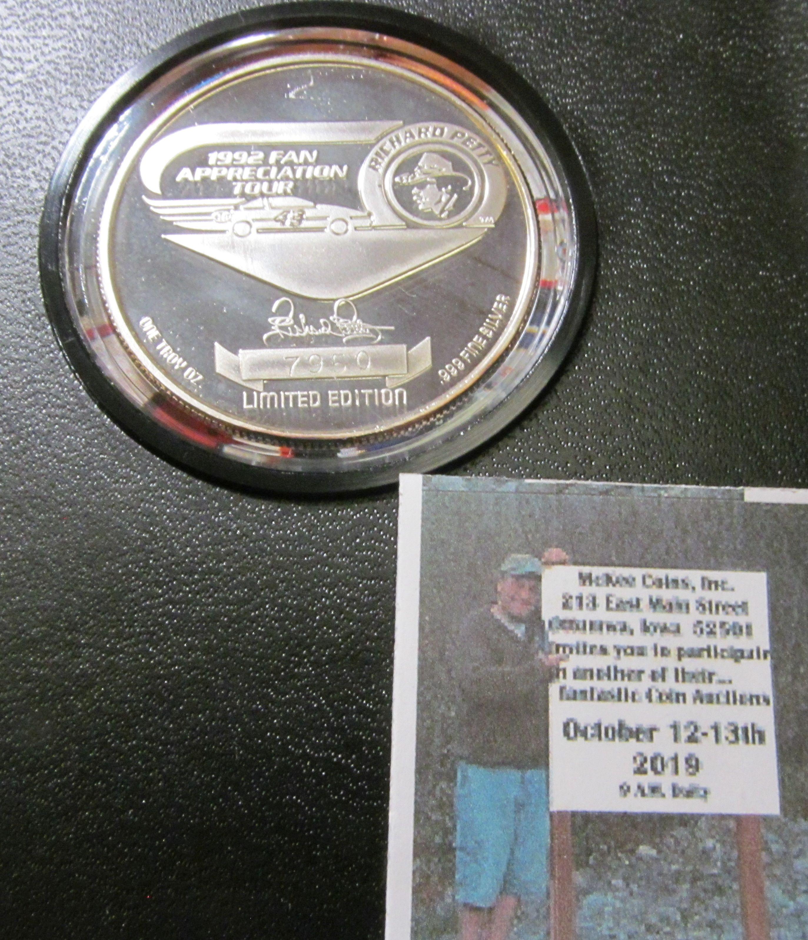 1992 fan appreciation tour Richard Petty 1 troy ounce .999 fine silver round in box with paperwork #