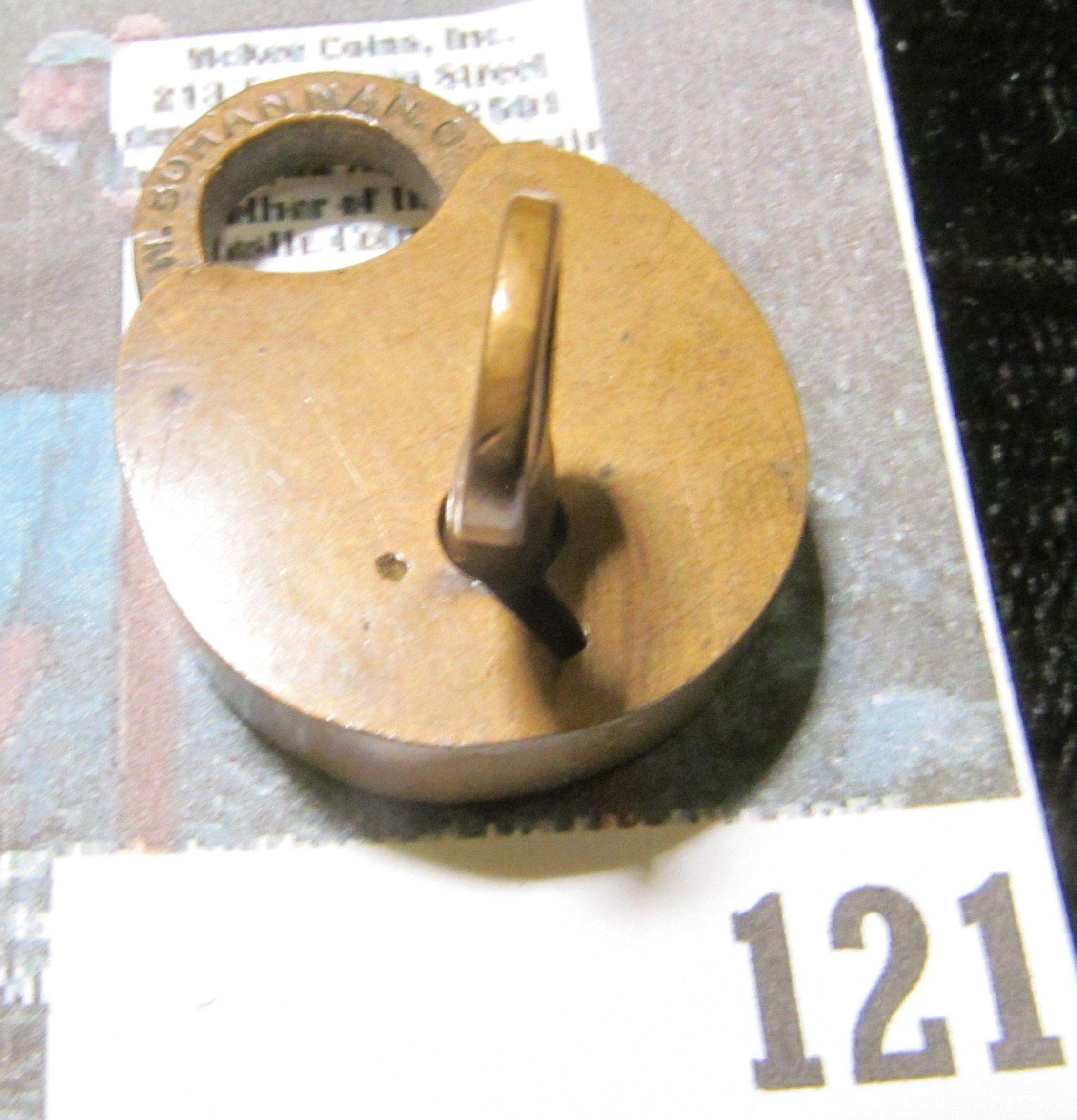 Antique brass lock with key, marked W.BOHANNAN.O, Brooklyn, NY