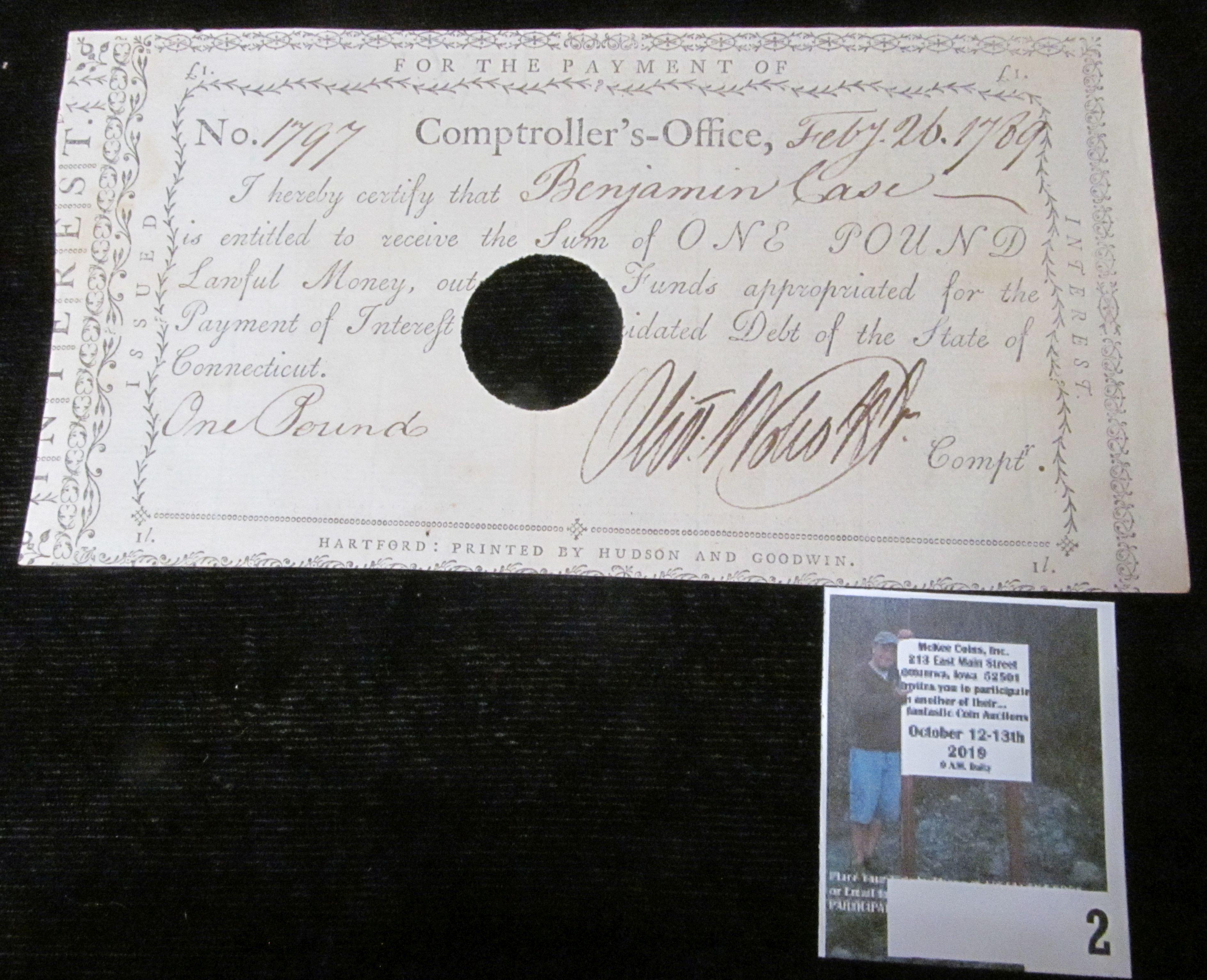 Feb. 26, 1789 Pay Check No. 1797 from the Comptroller's Office to "Benjamin Case is entitled to rece