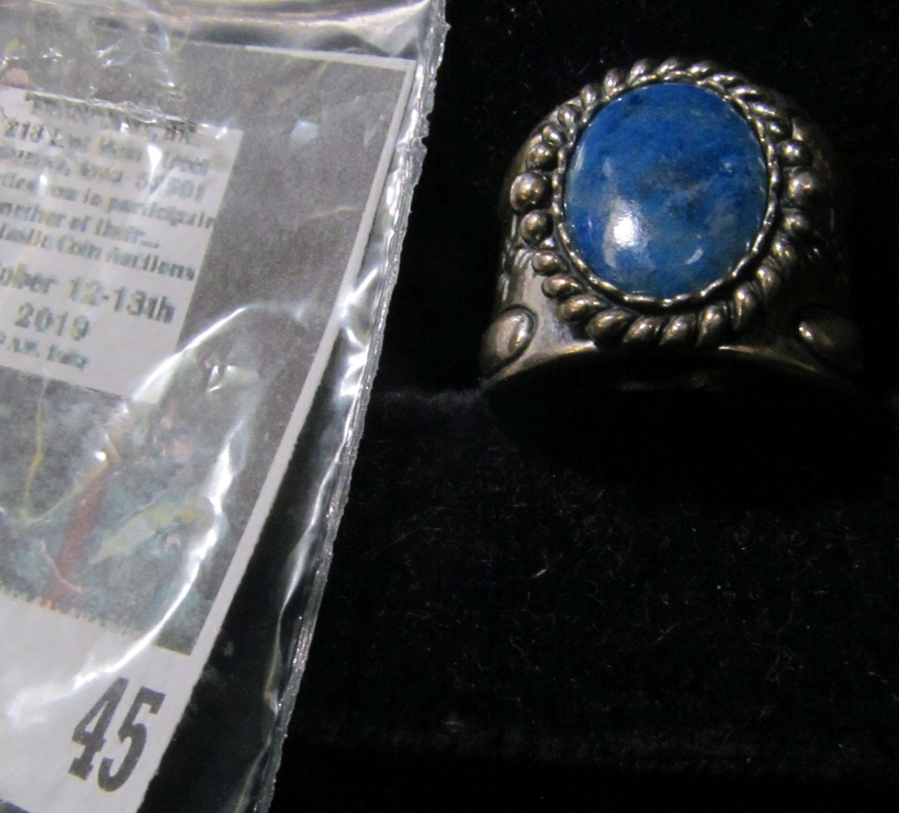 Sterling and lapis lazuli ring, wide, size 8 1/2, marked 925, 12 grams