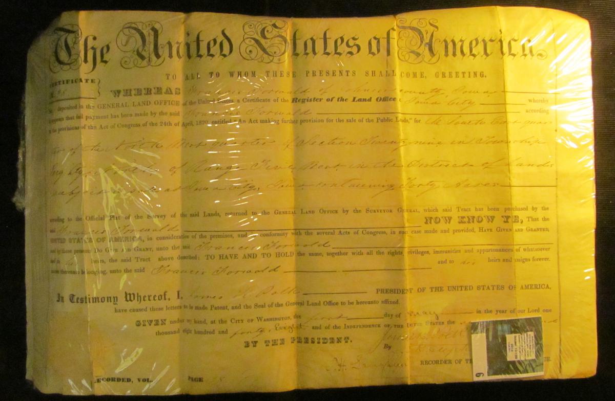 1848 "The United States of America" Johnson County Iowa Land Grant on velum.