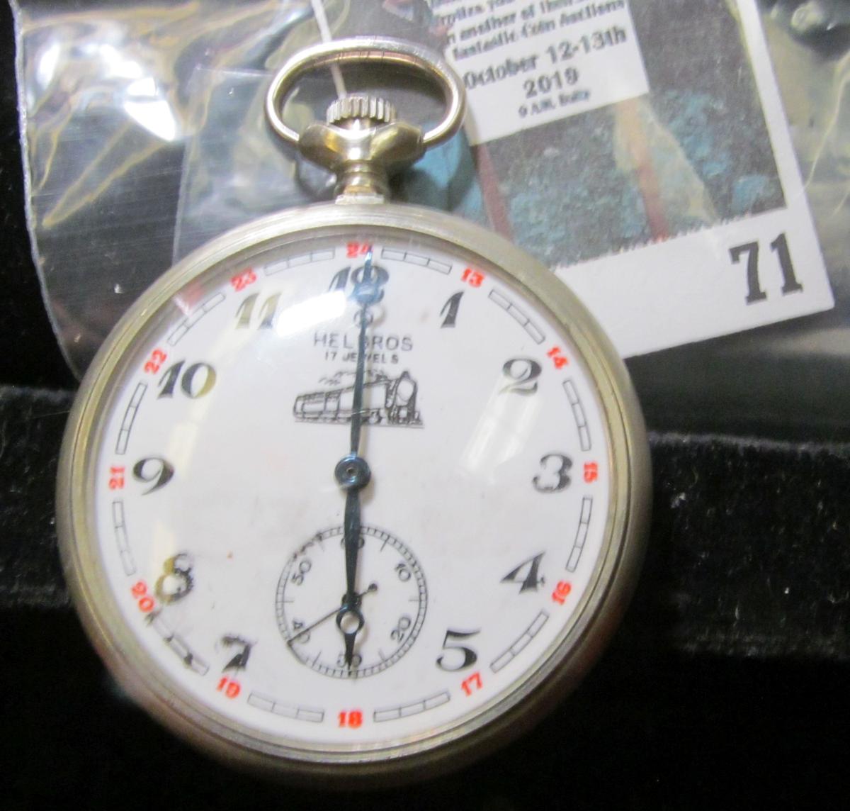 Helbros 17 jewel red numbered pocket watch, starts but will not run, good for parts or repair, has a