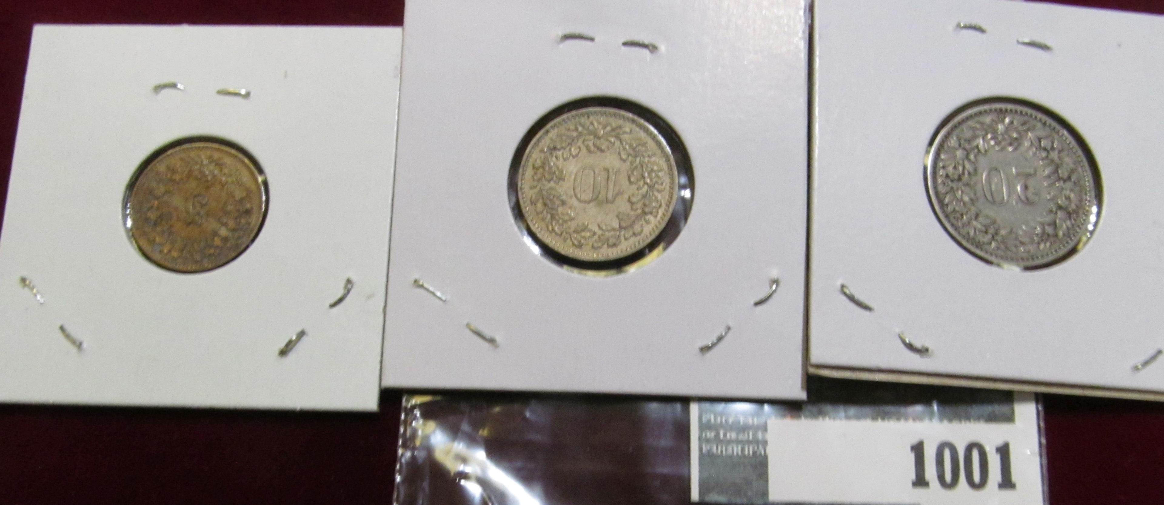 1885 Five Rappan, 1883 10 Rappen, & 1883 20 Rappen Switzerland Coins.