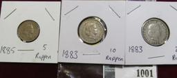 1885 Five Rappan, 1883 10 Rappen, & 1883 20 Rappen Switzerland Coins.