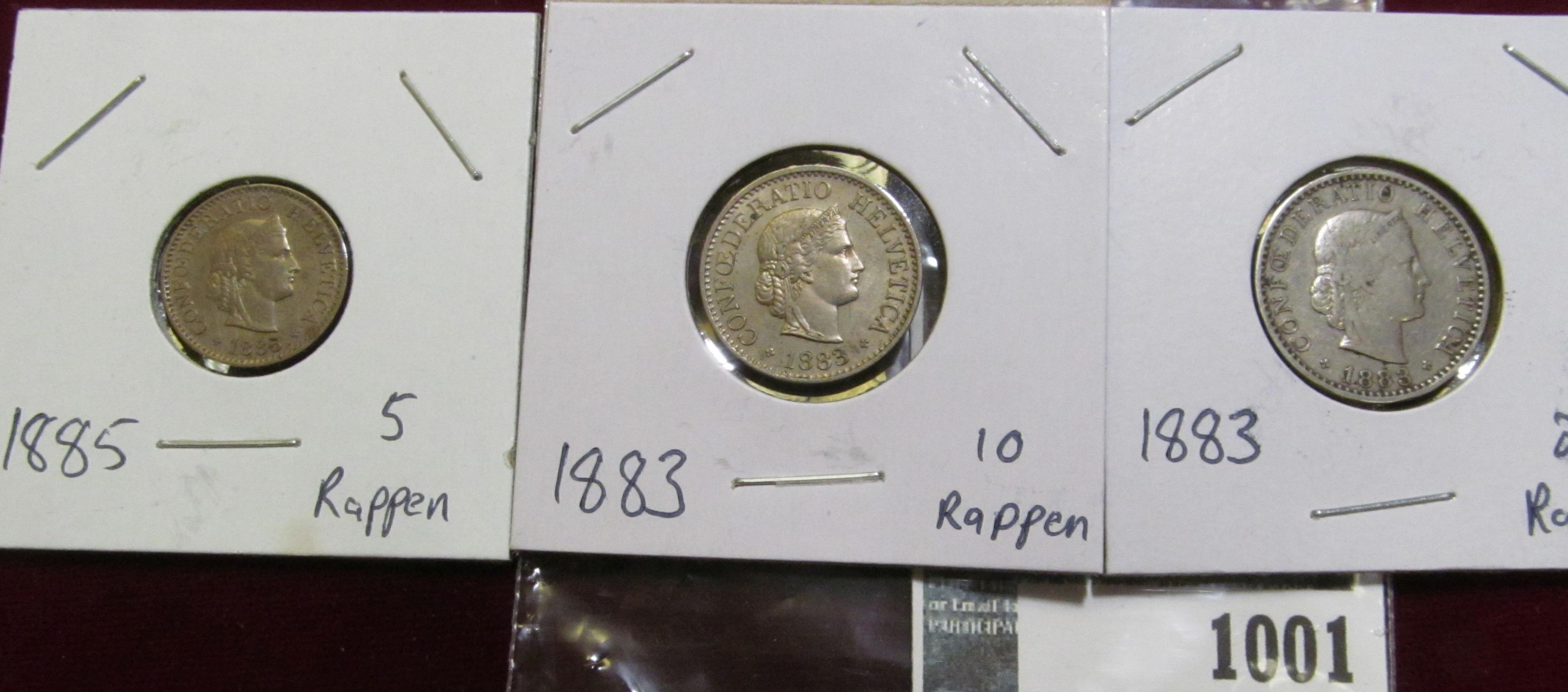 1885 Five Rappan, 1883 10 Rappen, & 1883 20 Rappen Switzerland Coins.