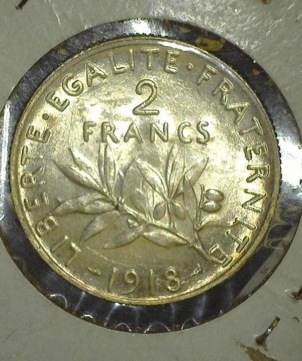 1918 France World War I Silver Two Francs in Brilliant Uncirculated condition.