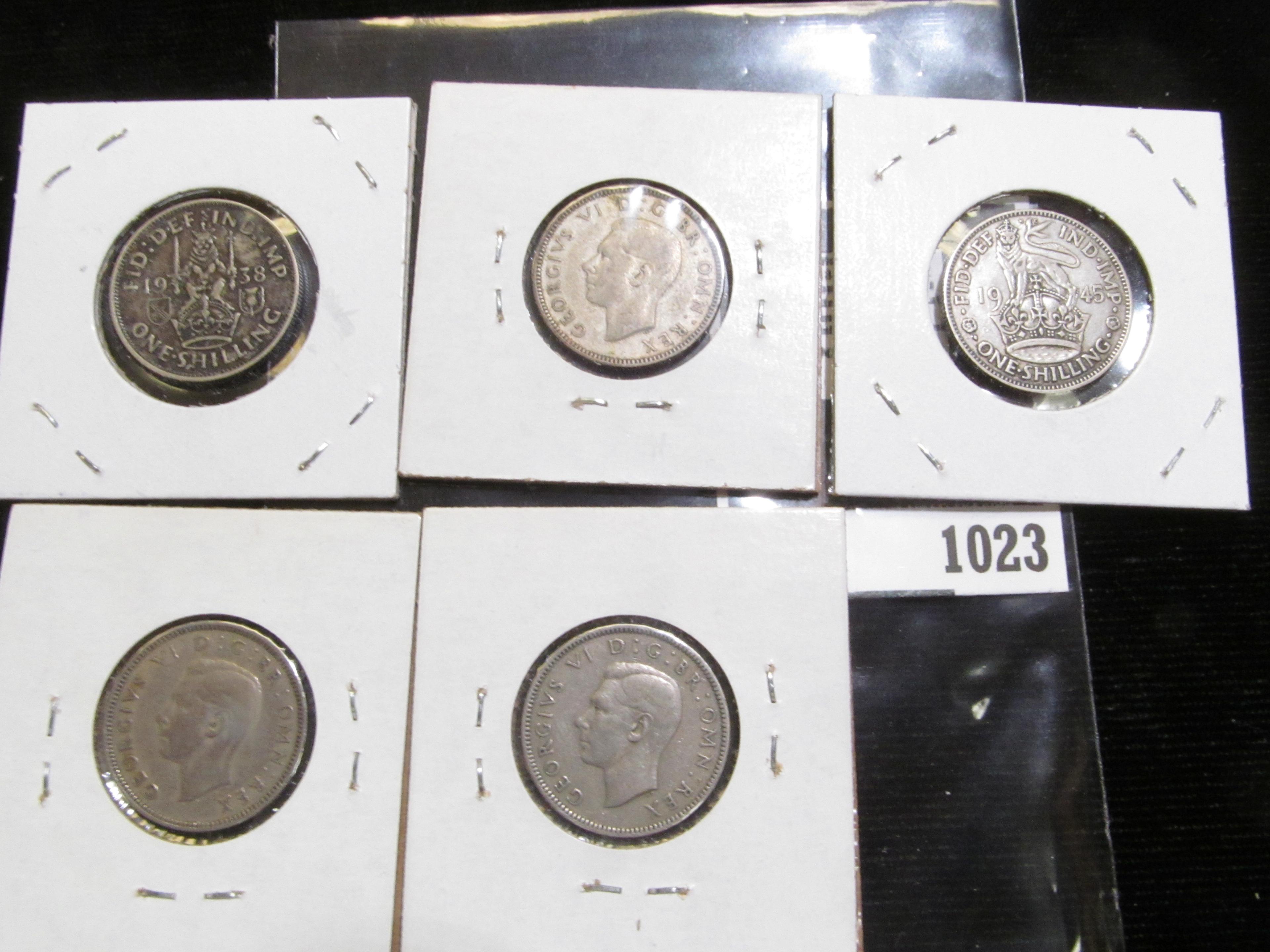 1938, 42, 45, 47, & 48 Great Britain Silver Shillings.