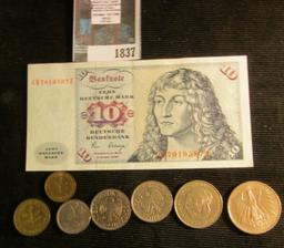 Series 1980 German "Deutsche Bundesbank" 10 Mark Note in VF; & several German Coins with up to Five