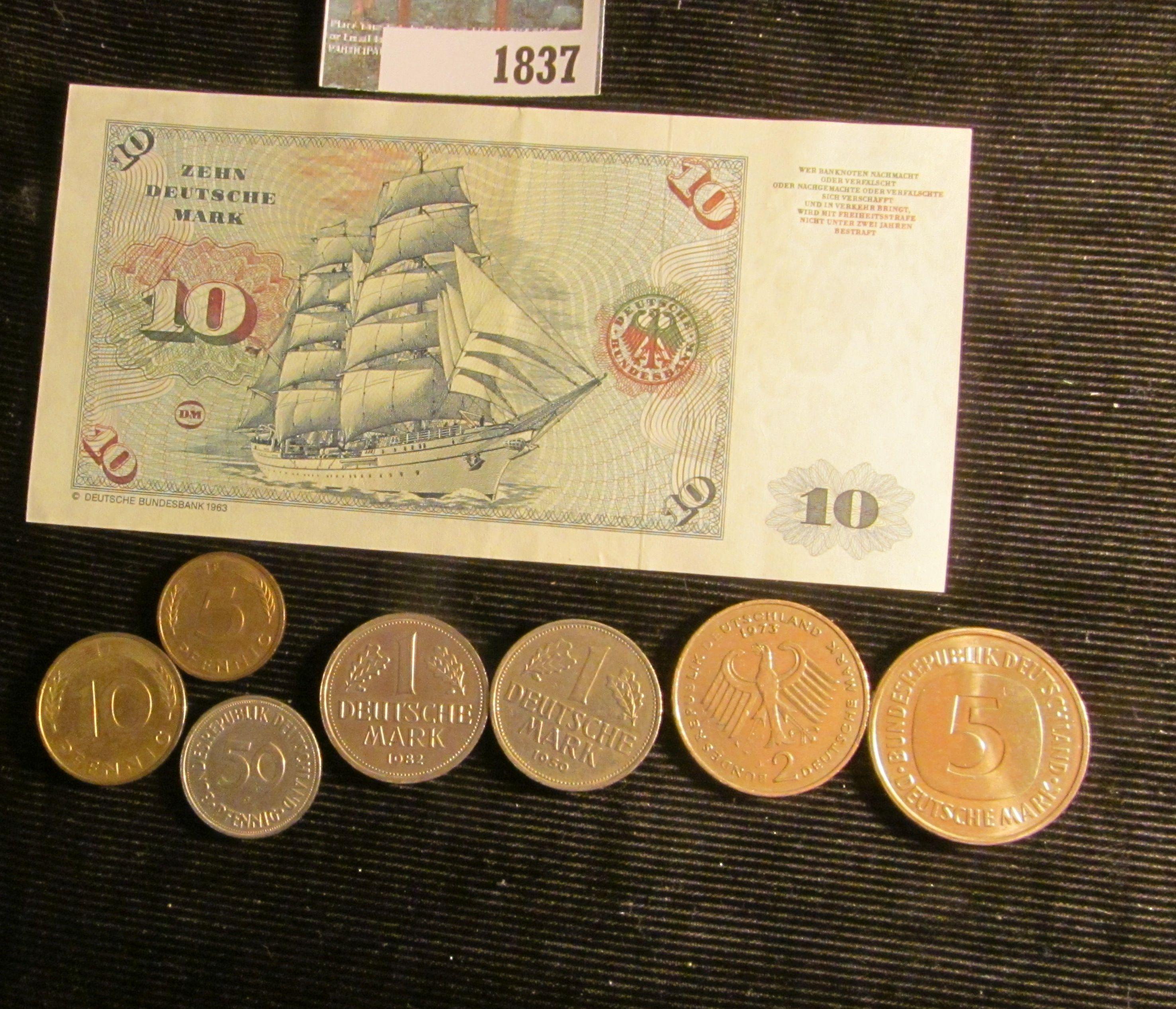 Series 1980 German "Deutsche Bundesbank" 10 Mark Note in VF; & several German Coins with up to Five