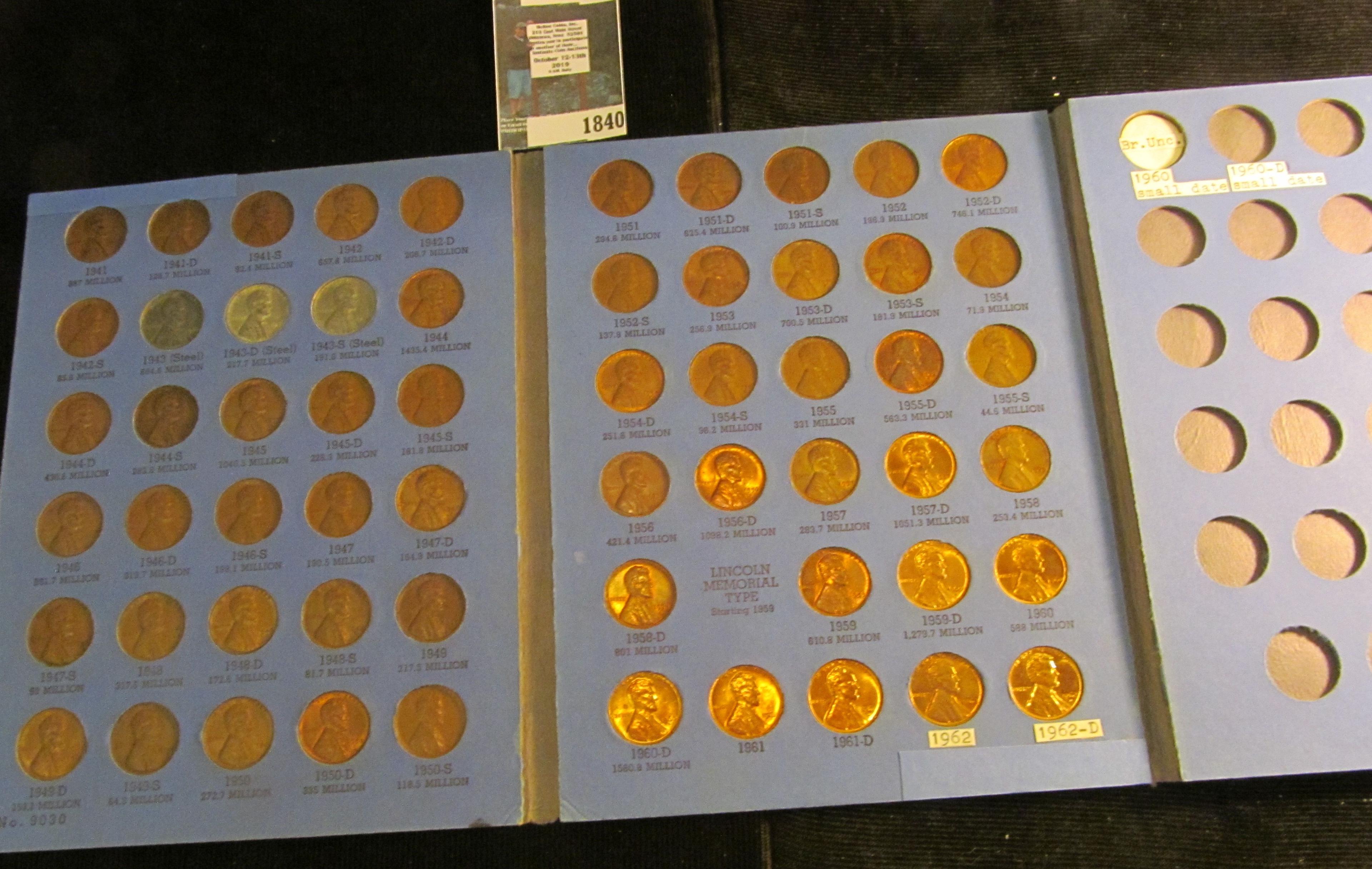 1941-62 Lincoln Cent set in a blue Whitman folder. No double dies or varieties. Some AU to BU.