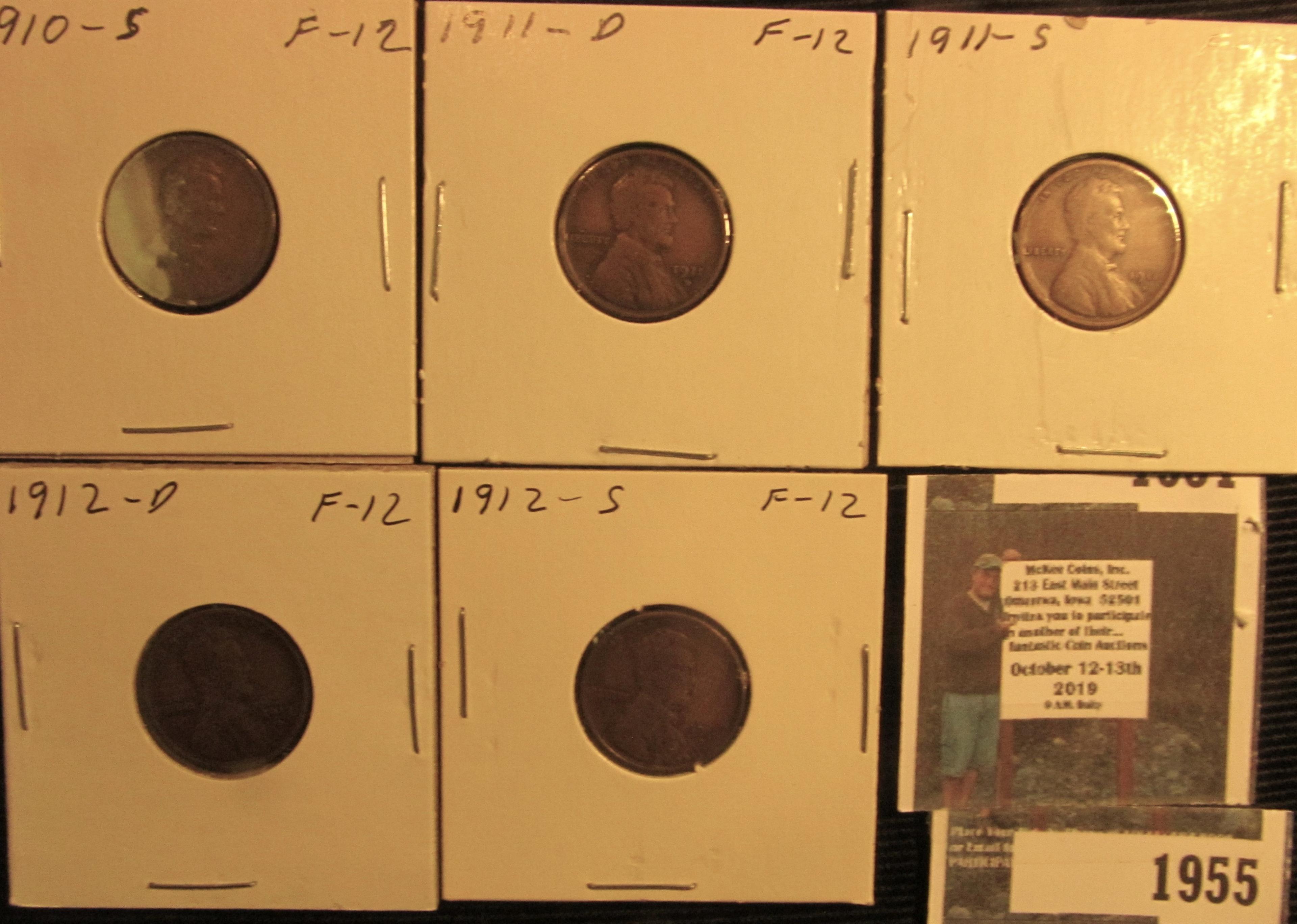 1910 S, 11 D, S, 12 D, & S Lincoln Cents. All grading at least Fine condition.