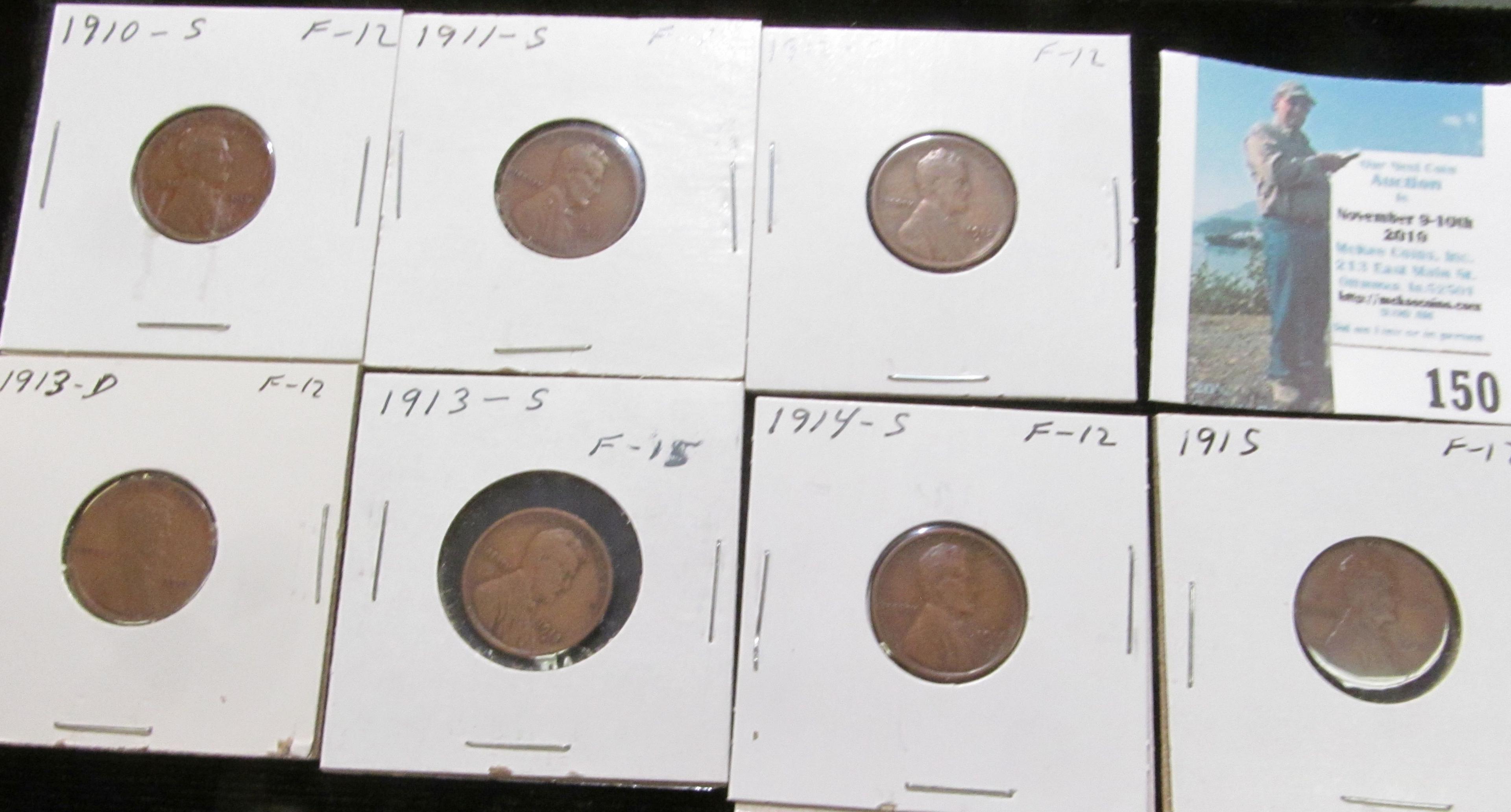 1910 S, 11 S, 12 S, 13 D, S, 14 S, & 15 P Key date Lincoln Cents, all grading Fine.