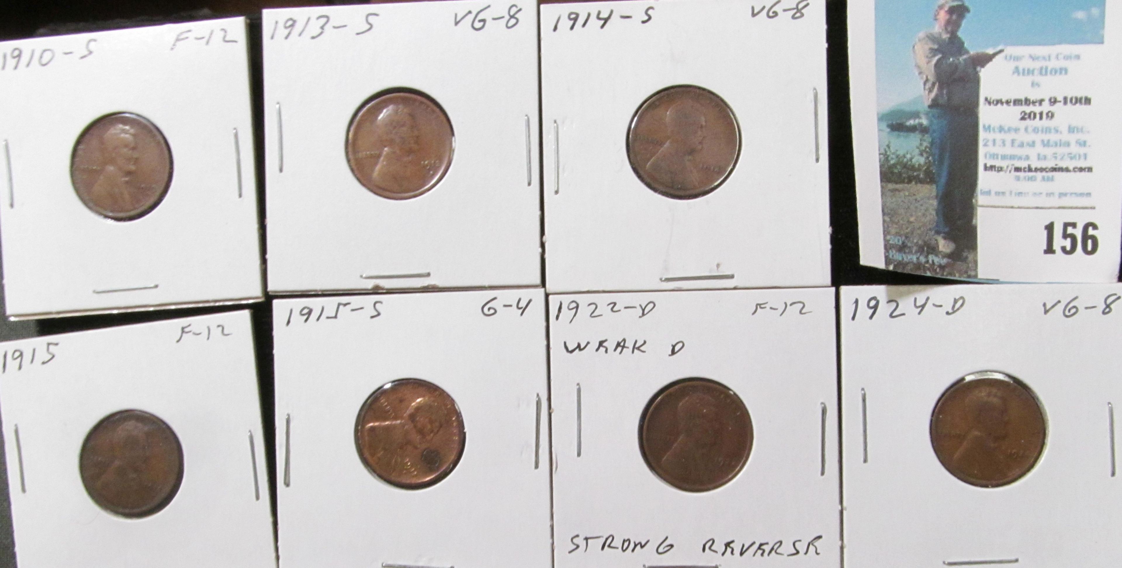 1910 S, 13 S, 14 S, 15 P, 15 S, 22 Weak D, & 24 D Keydate Lincoln Cents grading Good to Fine.