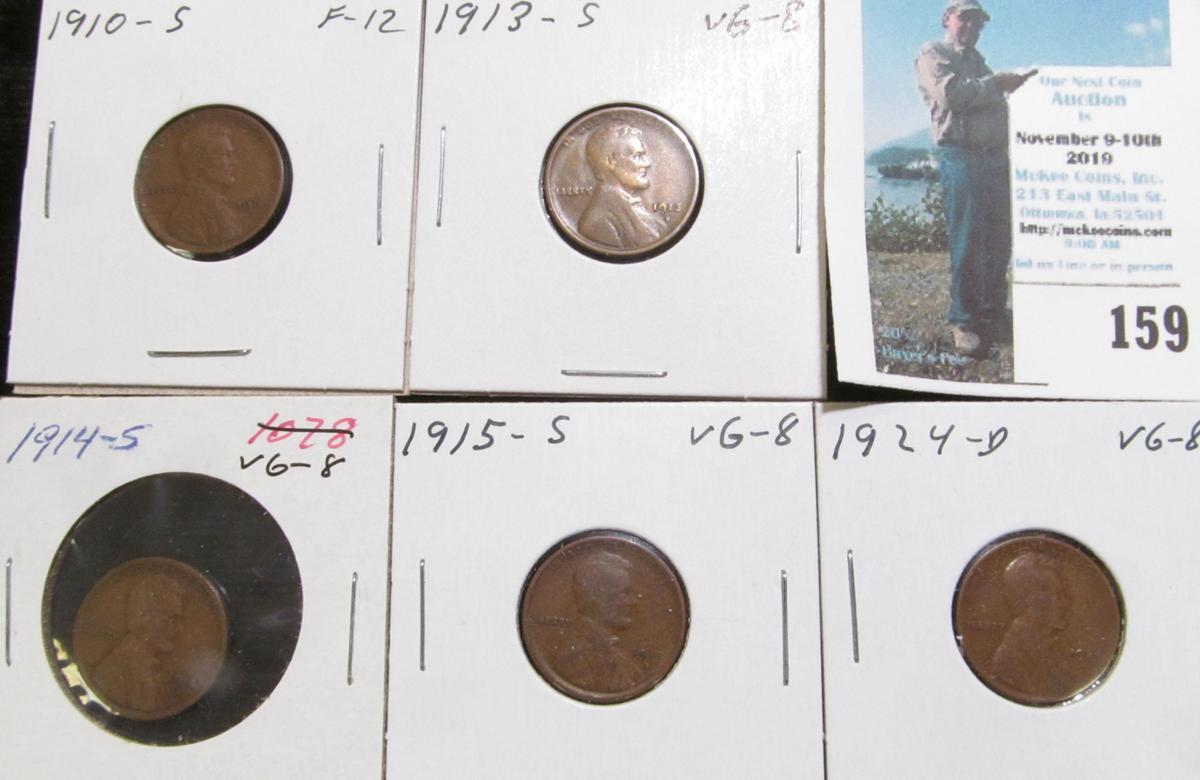 1910 S, 13 S, 14 S, 15 S, & 24 D Keydate Lincoln Cents grading Good to Fine.