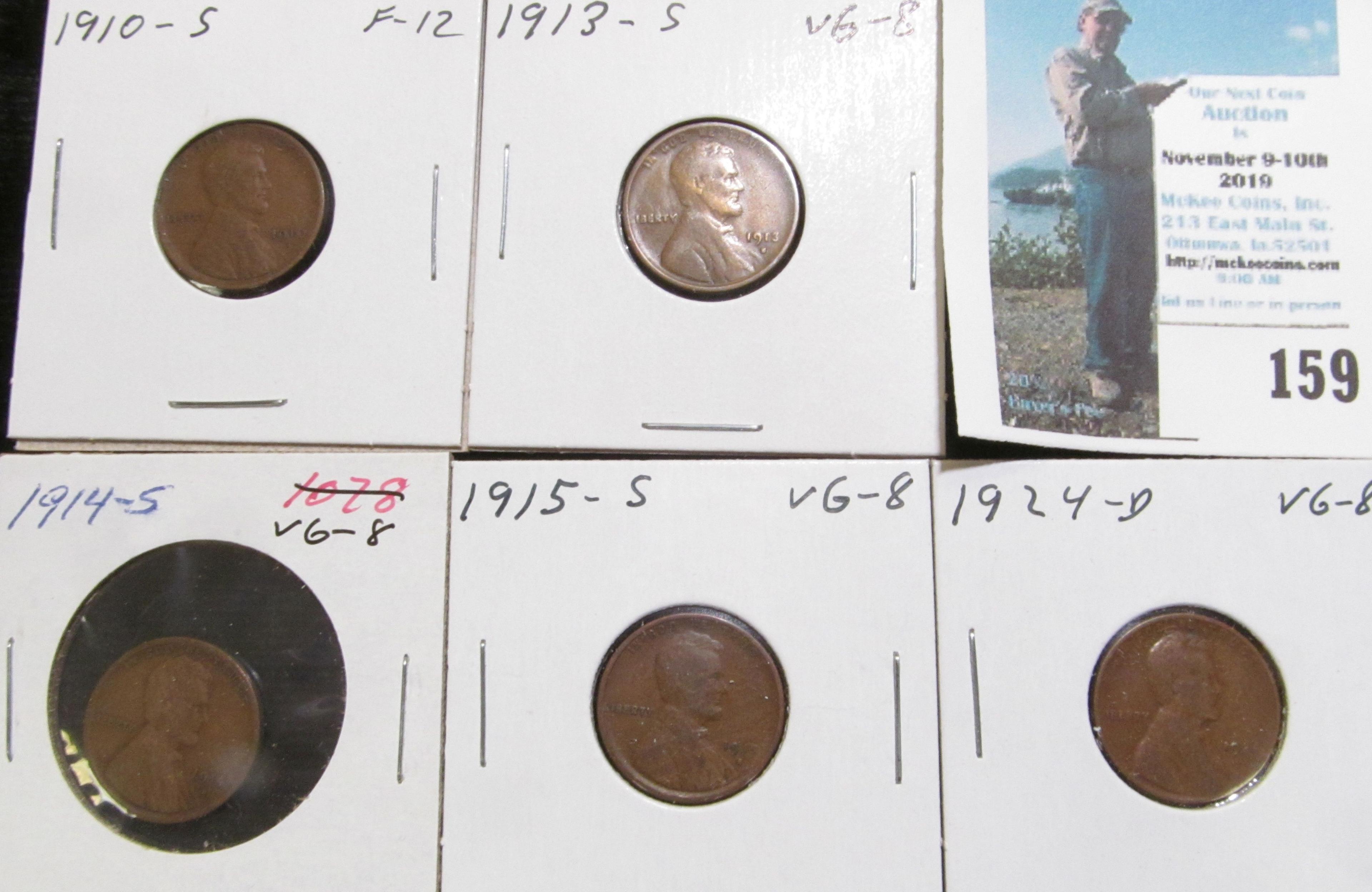 1910 S, 13 S, 14 S, 15 S, & 24 D Keydate Lincoln Cents grading Good to Fine.