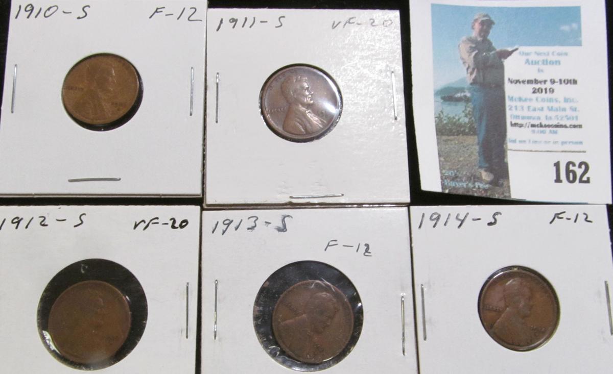 1910 S, 11 S, 12 S, 13 S, & 14 S Keydate Lincoln Cents grading Fine-Very Fine.