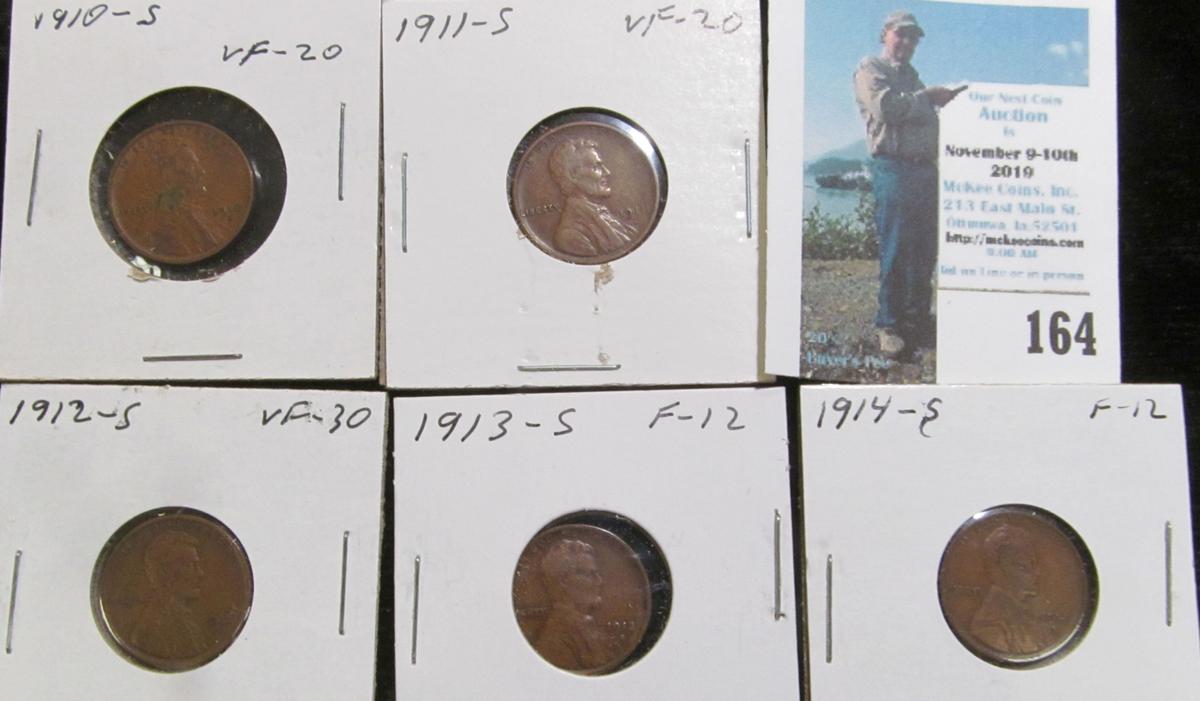 1910 S, 11 S, 12 S, 13 S, & 14 S Keydate Lincoln Cents grading Fine-Very Fine.