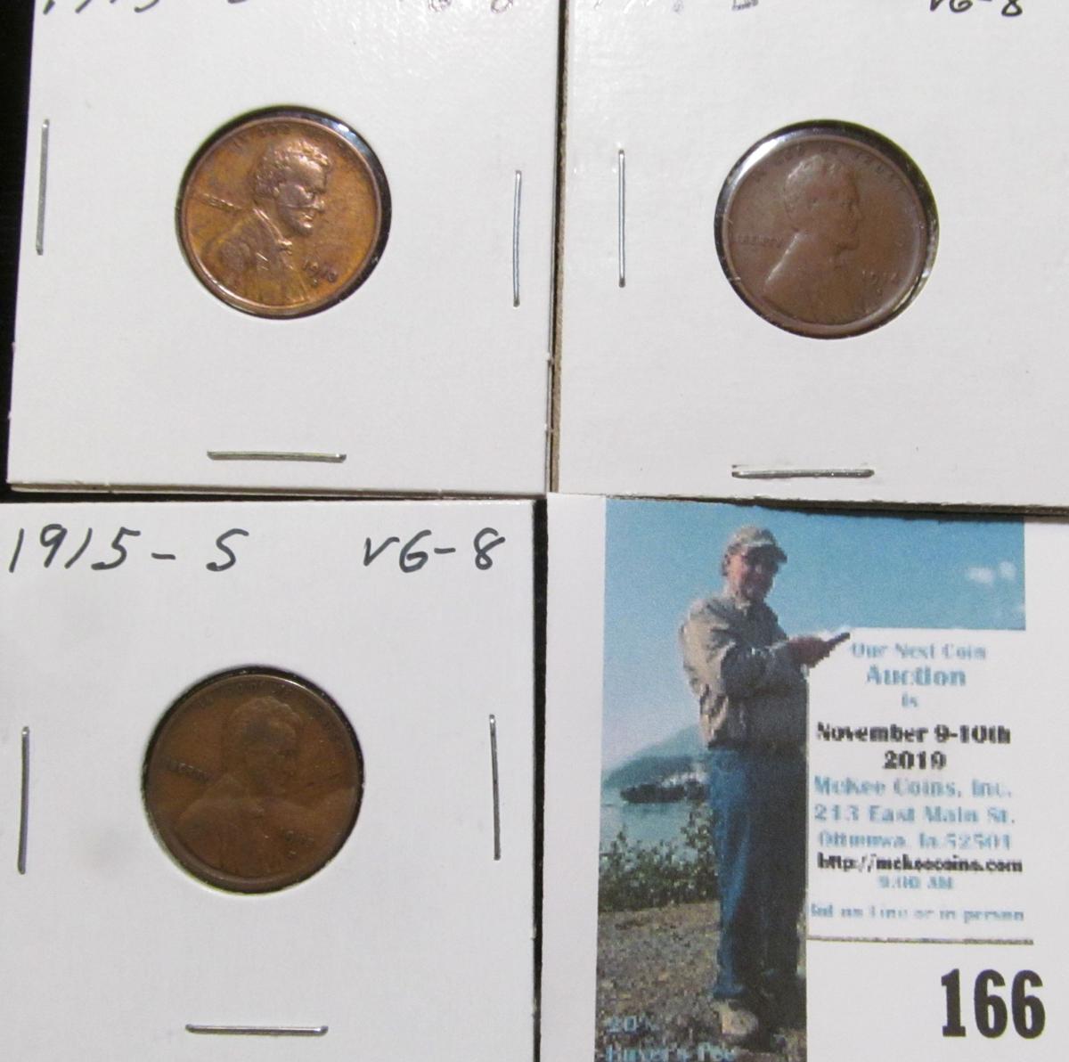 1913 S, 14 S, & 15 S Lincoln Cents, All VG.