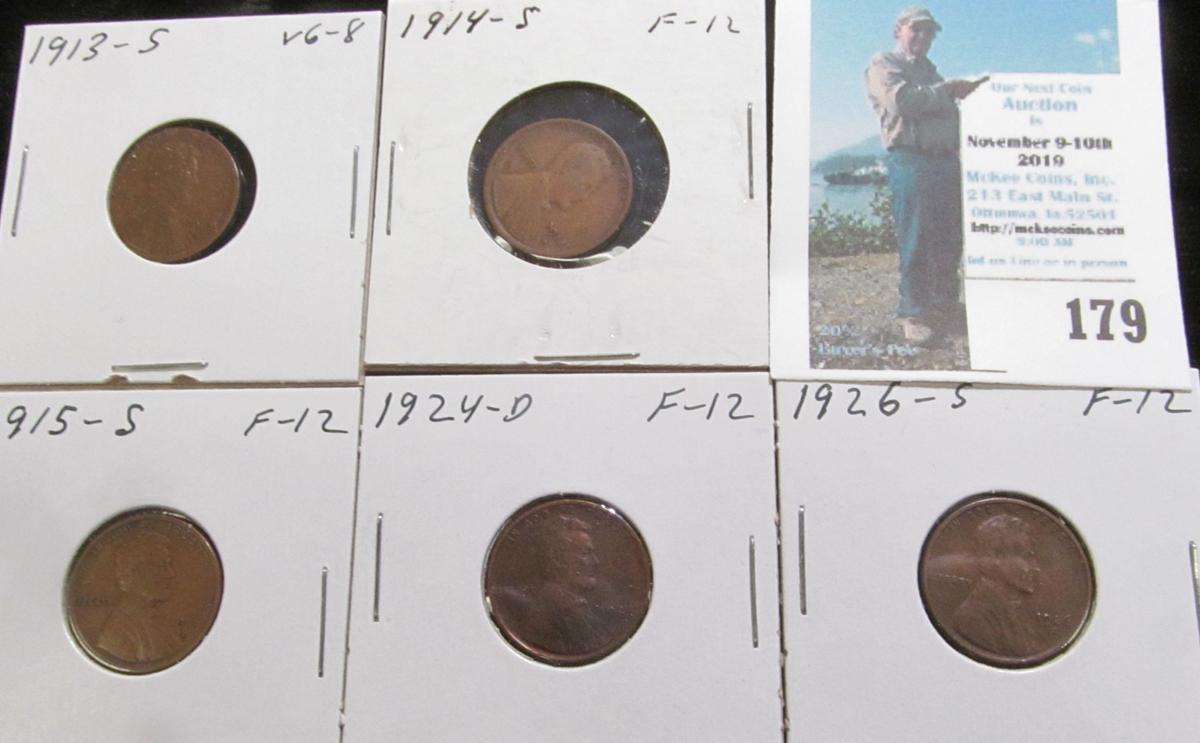 1913 S, 14 S, 15 S, 24 D, & 26 S Lincoln Cents, all grading VG-Fine.