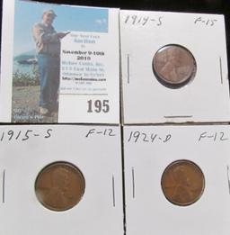 1914 S, 15 S, & 24 D Key Date Lincoln Cents, all grading Fine.