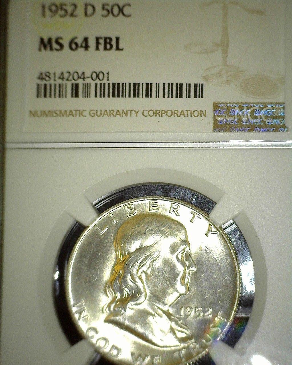 1952 D Franklin Half Dollar NGC slabbed "MS 64 FBL".