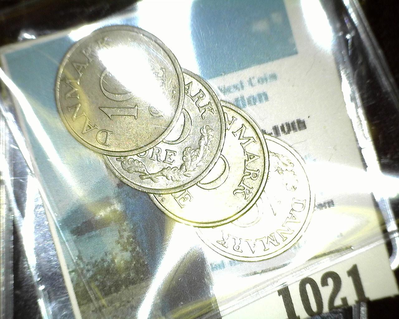 1957, 60, 61, & 62 Denmark 10 Ore Coins in nice grades.