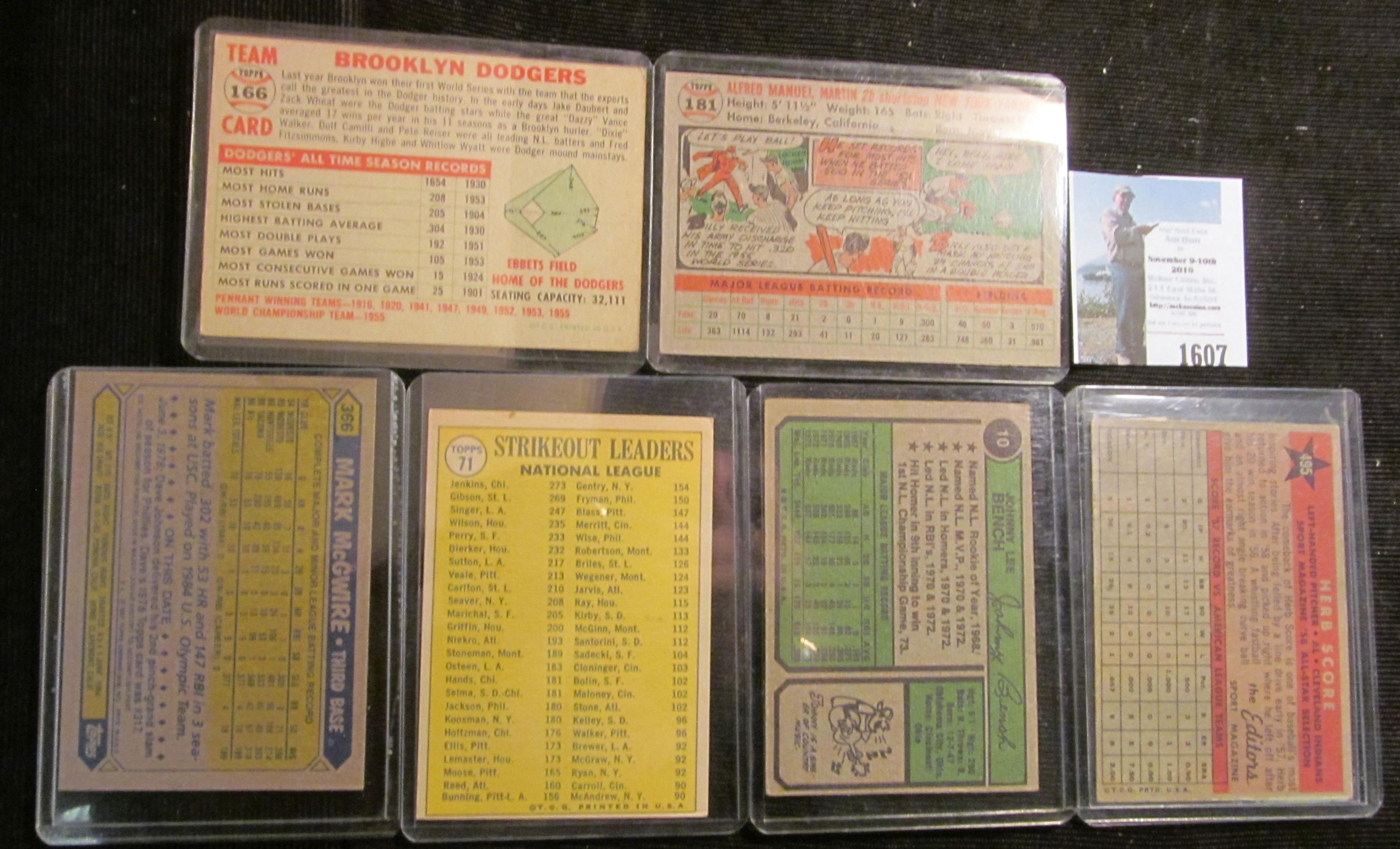 Group of (6) High value Baseball Cards dating back to 1956. Includes: Johnny Bench 1974, 1969 Nation