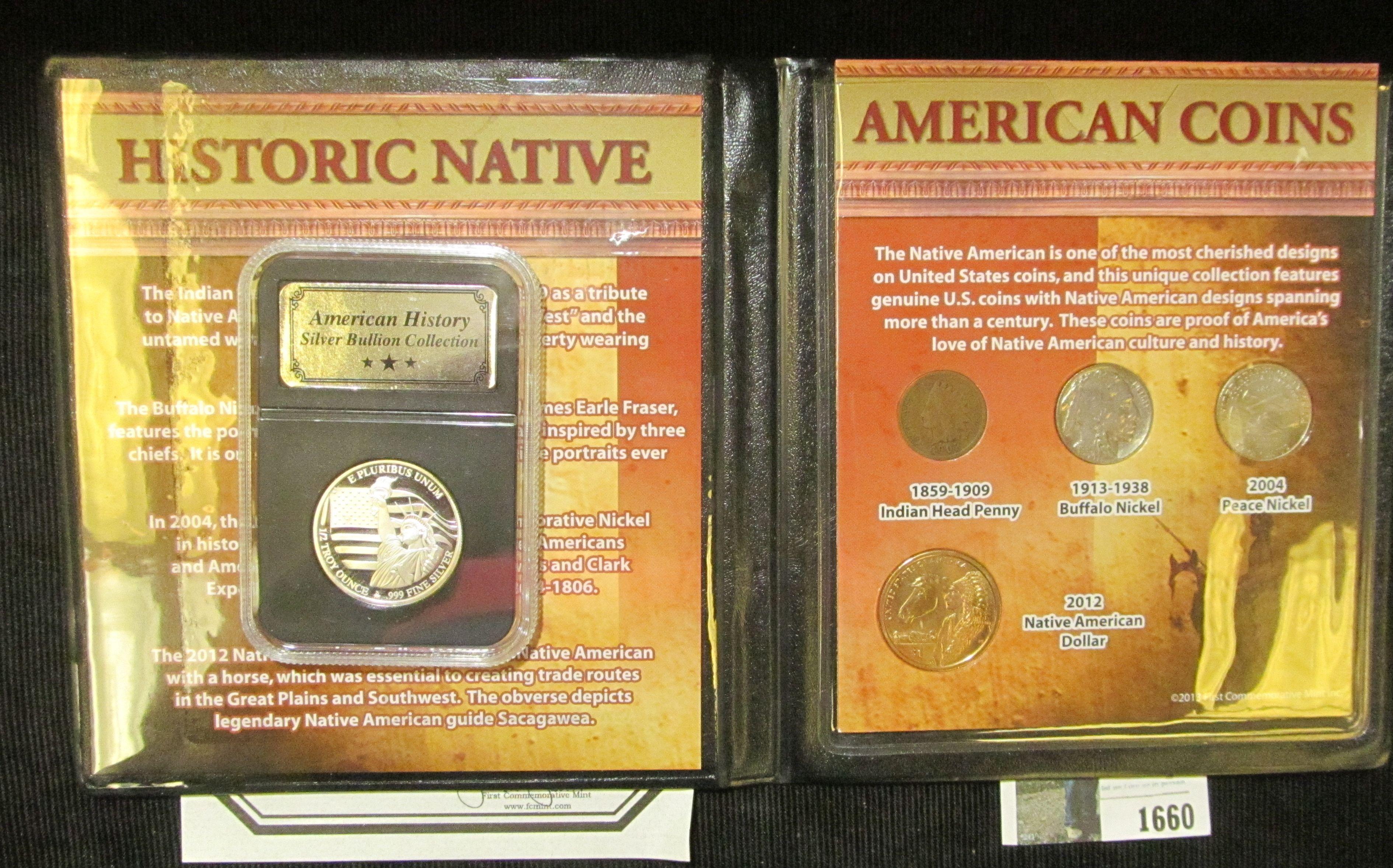 "Historic Native American Coins" four-piece set; & "American History Silver Bullion" Slabbed "Roarin