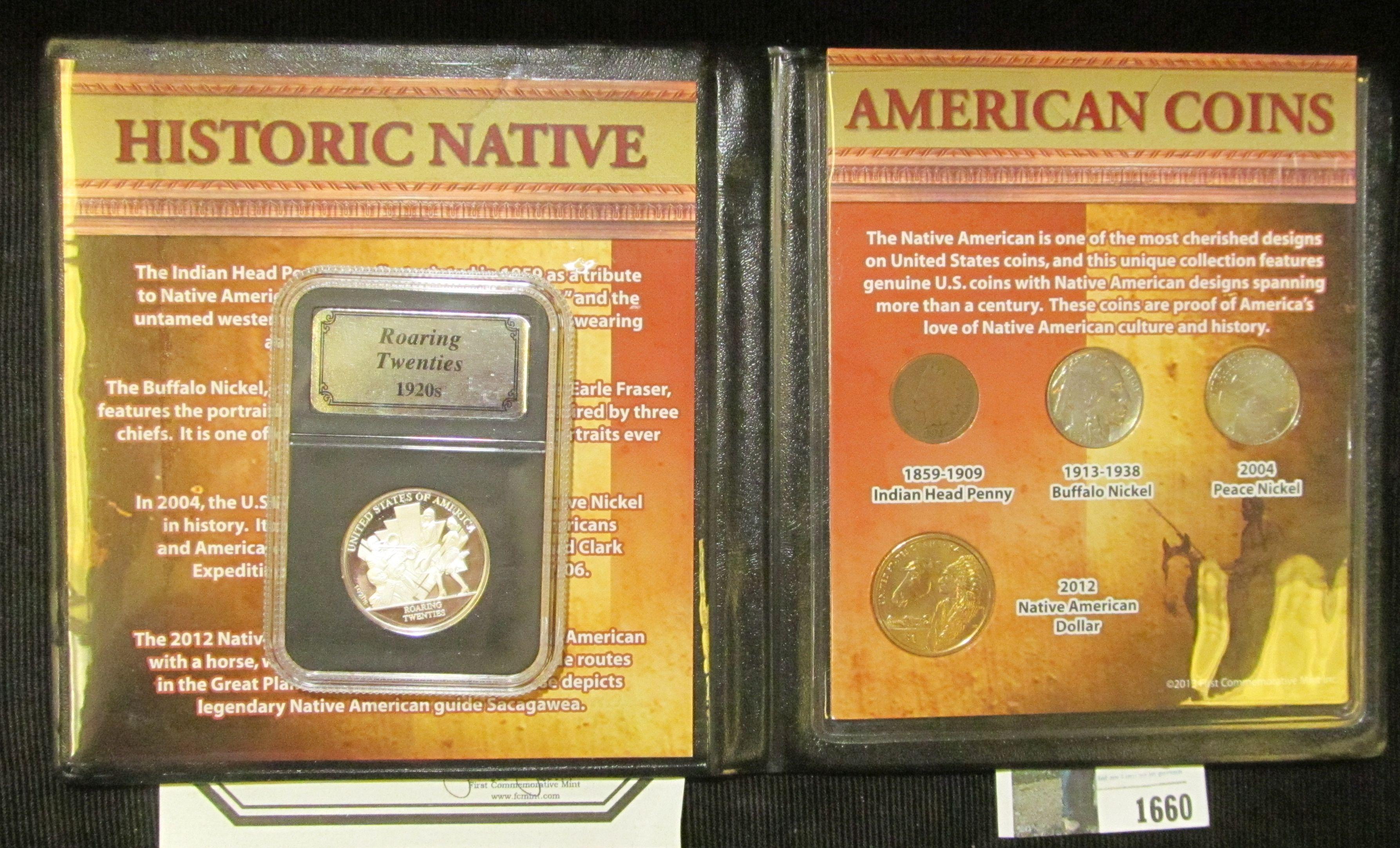 "Historic Native American Coins" four-piece set; & "American History Silver Bullion" Slabbed "Roarin