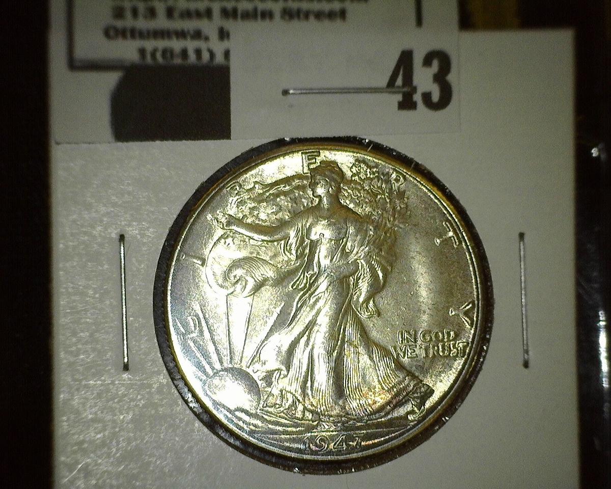 1947 D Walking Liberty Half Dollar, Super Gem BU with just a hint of toning on the lower obverse.