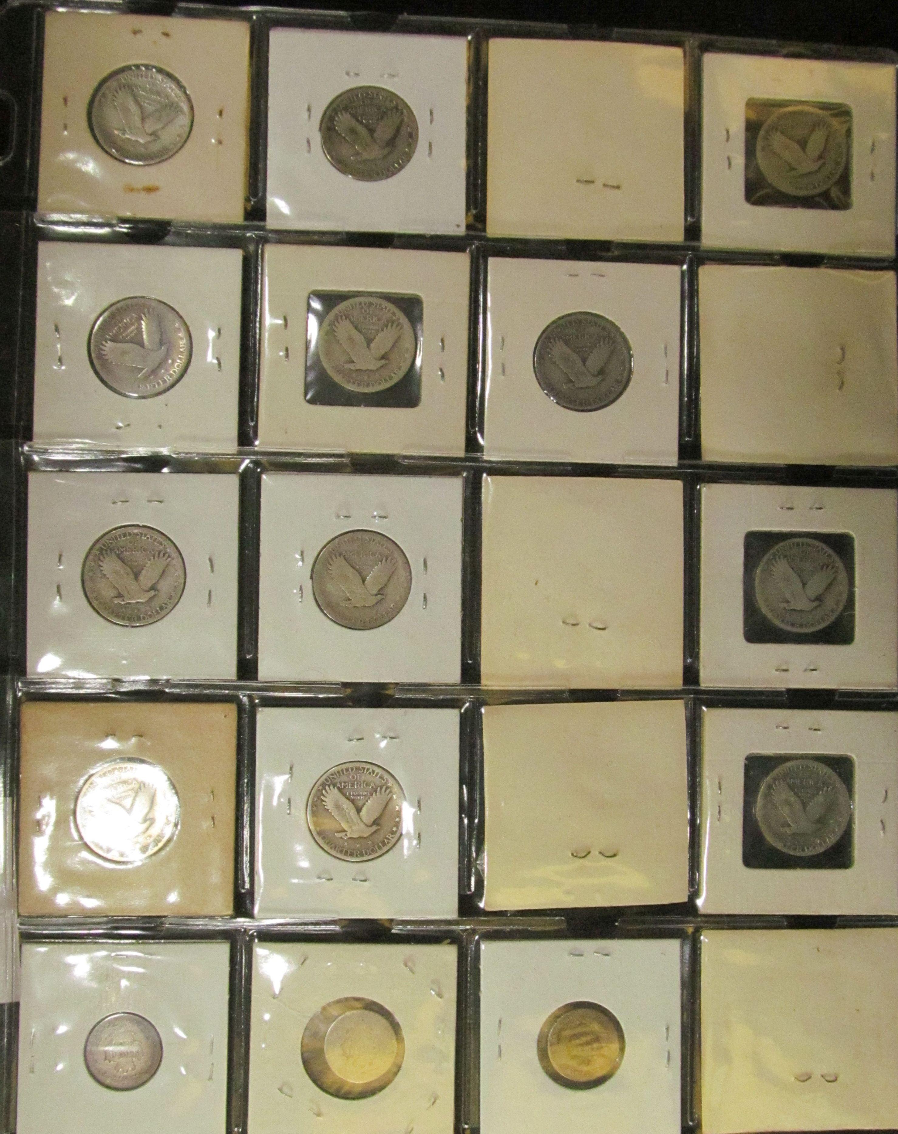 Twenty-pocket plastic page with (3) Liberty Seated Dimes & (17) Standing Liberty Quarters.