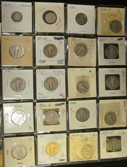 Twenty-pocket plastic page with (3) Liberty Seated Dimes & (17) Standing Liberty Quarters.