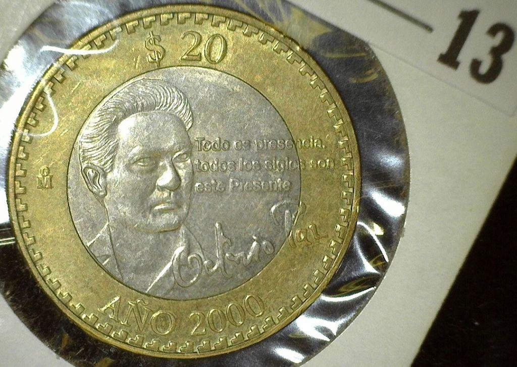 2000 Mexico 20 Peso, Bi-metal. BU.